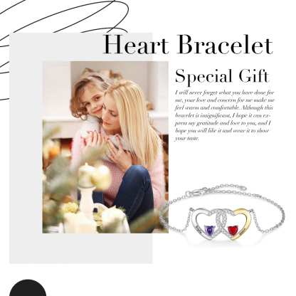 Bracelet Cœur Braelet Personnalisé Femme 2 Prénoms Personnalisé avec 2 Pierres de Naissance｜Jessemade