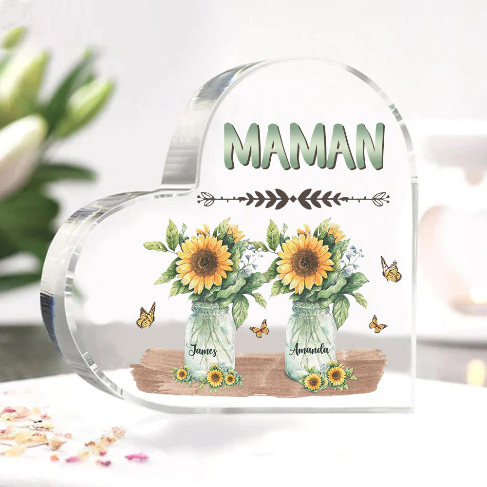 À ma Maman/Mamie - Plaque Acrylique en Forme de Cœur Fleurs 2 Prénoms Personnalisés avec 1 Texte