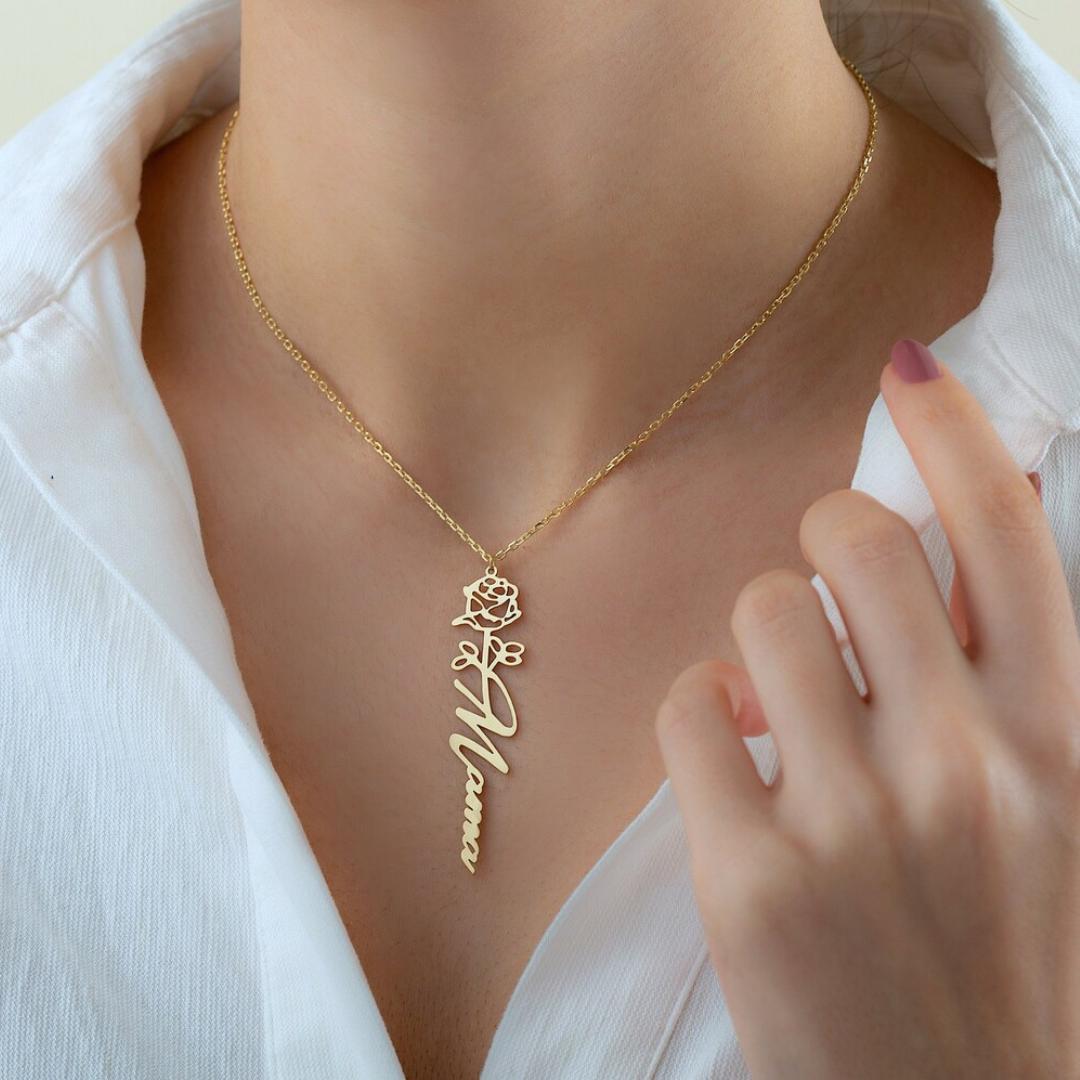Collier prénom personnalisé 12 fleurs de naissance