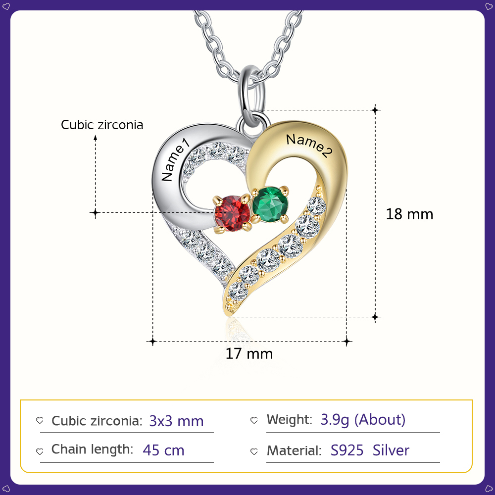 Collier Prénom cœur Argent 925 2 Prénom 2 pierre de naissance