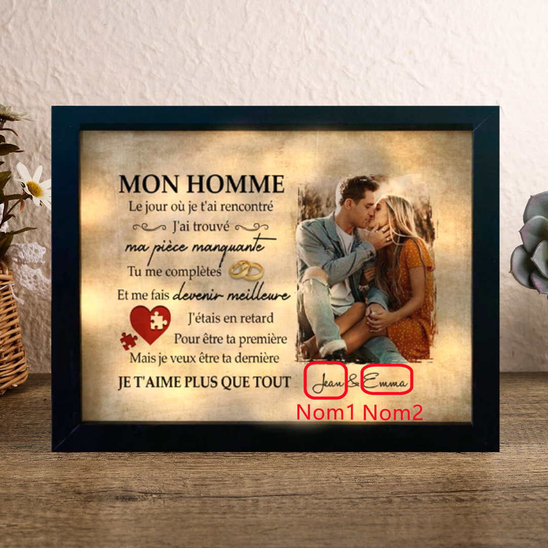 Cadre en bois LED de Saint-Valentin 2 Prénoms personnalisé avec photo | Jessemade