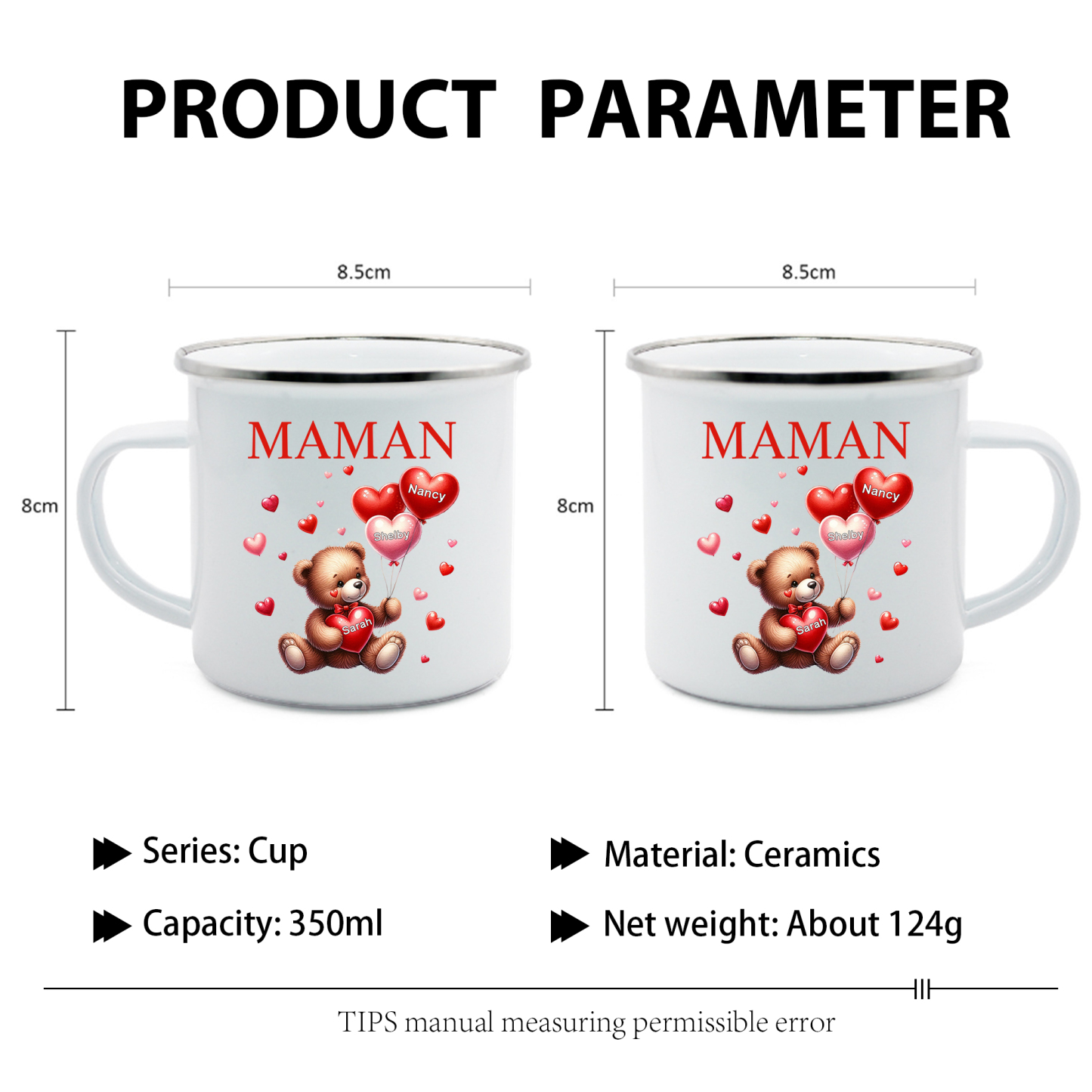 À Maman/Mamie - Tasse émaillée Ours 3 Prénoms Personnalisés