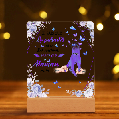 À Maman/Papa - Lampe de chevet LED Commémorative 3 Prénoms Personnalisés avec 1 Texte Lampe de chevet la main dans la main