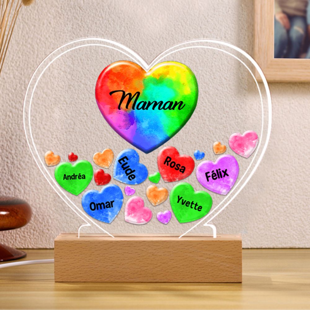 À Ma Maman/Mamie -  Lampe de chevet LED Lumières Cœur 1-14 Prénoms Personnalisés avec 2 Textes