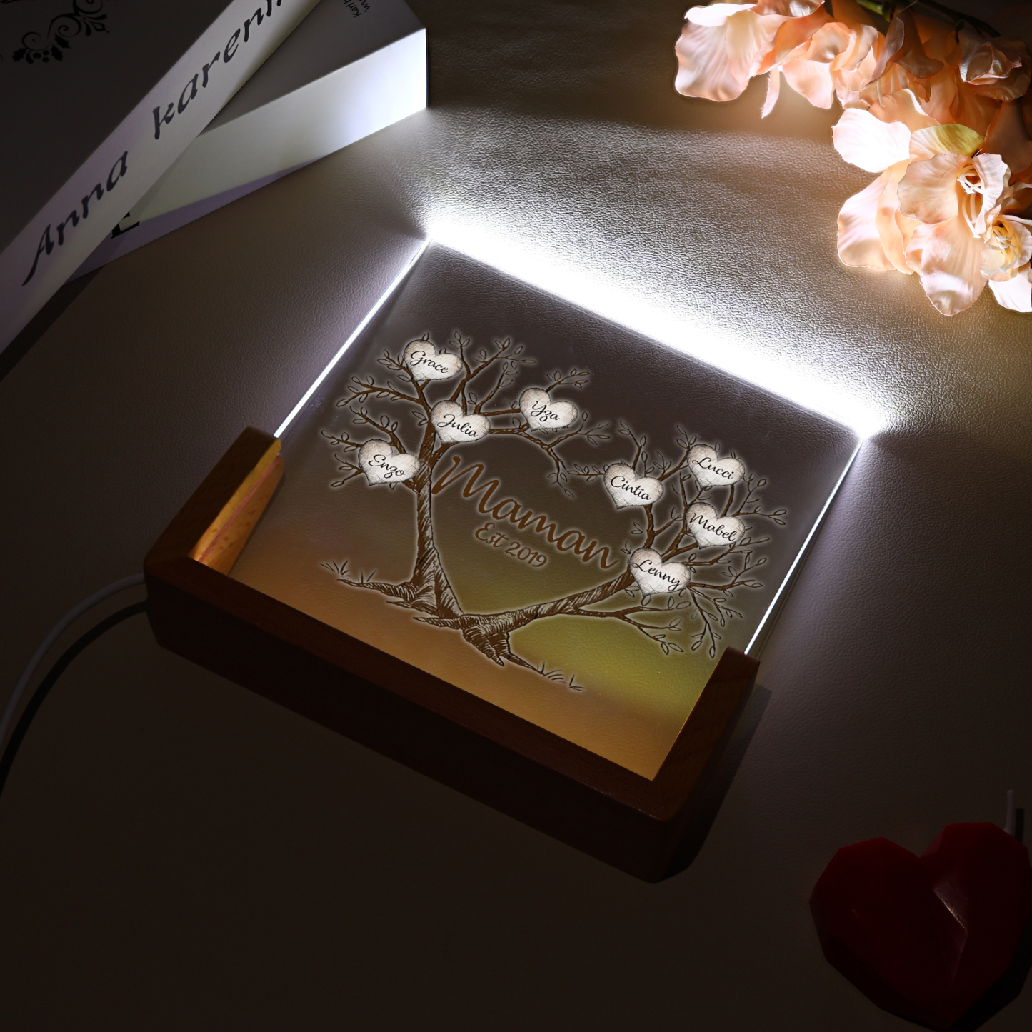 À Maman/Mamie - Lampe de chevet LED Arbre de Vie 8 Prénoms Personnalisés avec Texte et Date pour Famille