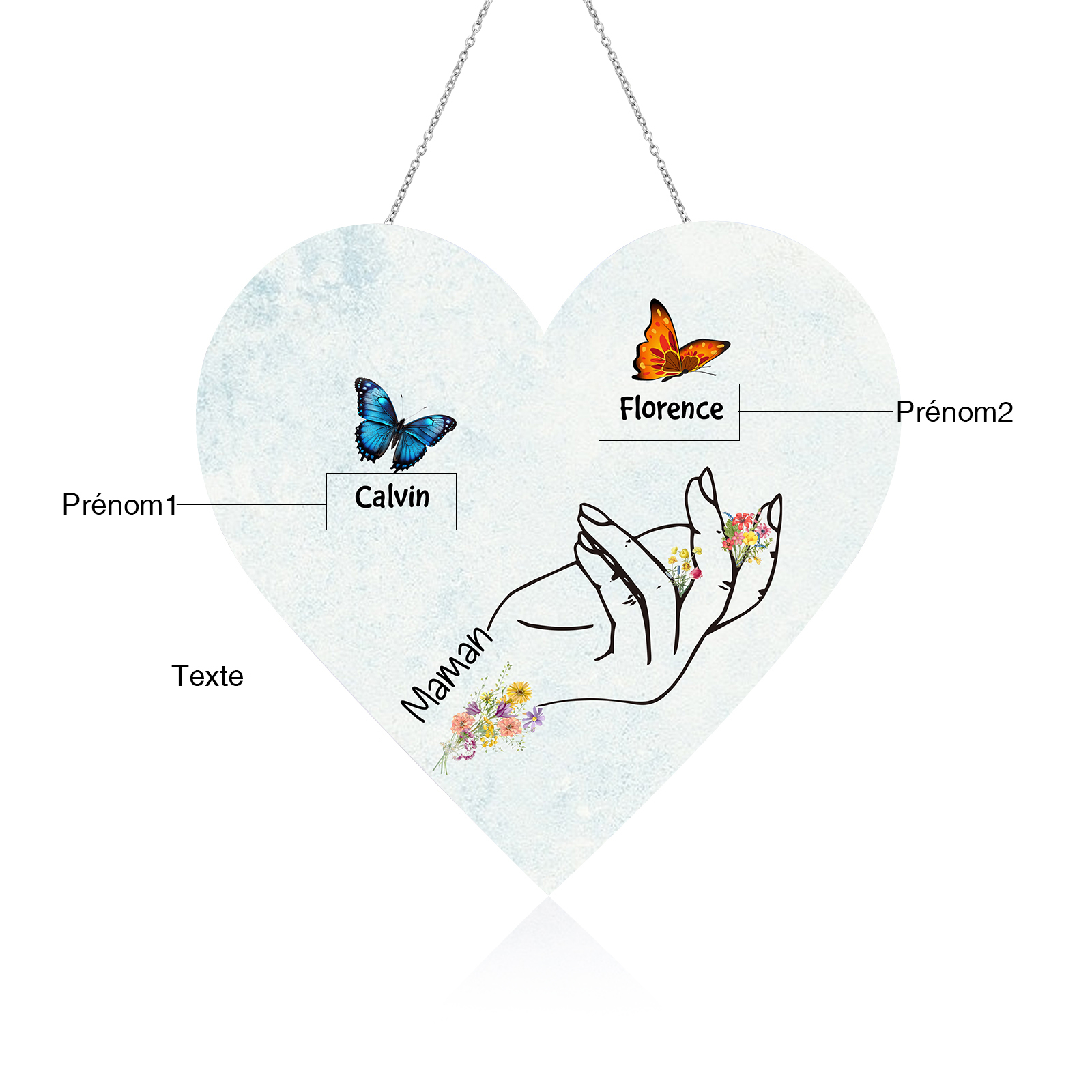 À Maman/Mamie - Veilleuse Cœur Décoration Main et Papillon 2 Prénoms Personnalisés avec 1 Texte