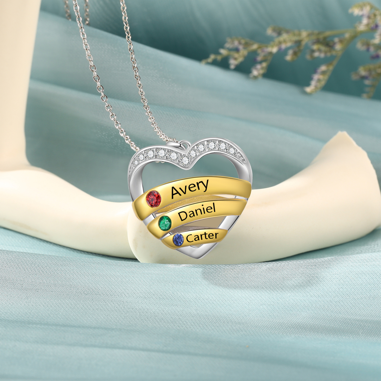 Collier Pendentif Cœur 3 Prénoms Personnalisés avec Pierre de Naissance Collier Femmes