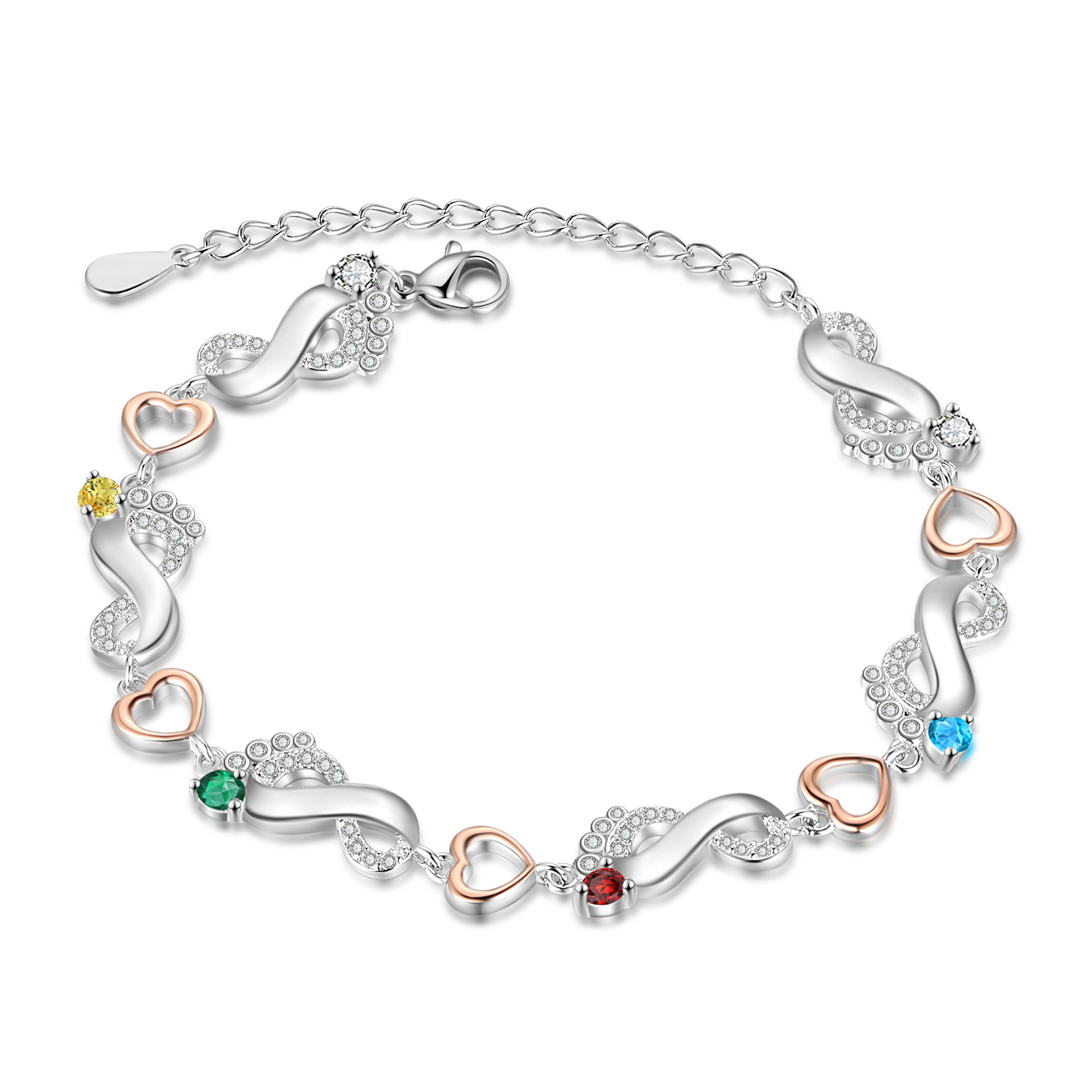 Bracelet Pied bébé et Cœur Personnalisé avec ' Prénoms et Pierres de naissance Bracelet pour Femme | Jessemade
