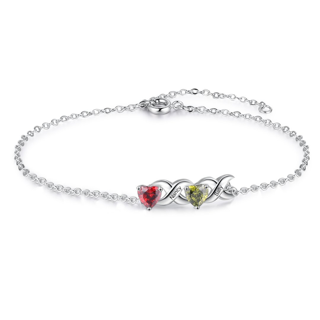 Bracelet à Breloque 2 Prénoms Personnalisé avec 2 Pierres de Naissance