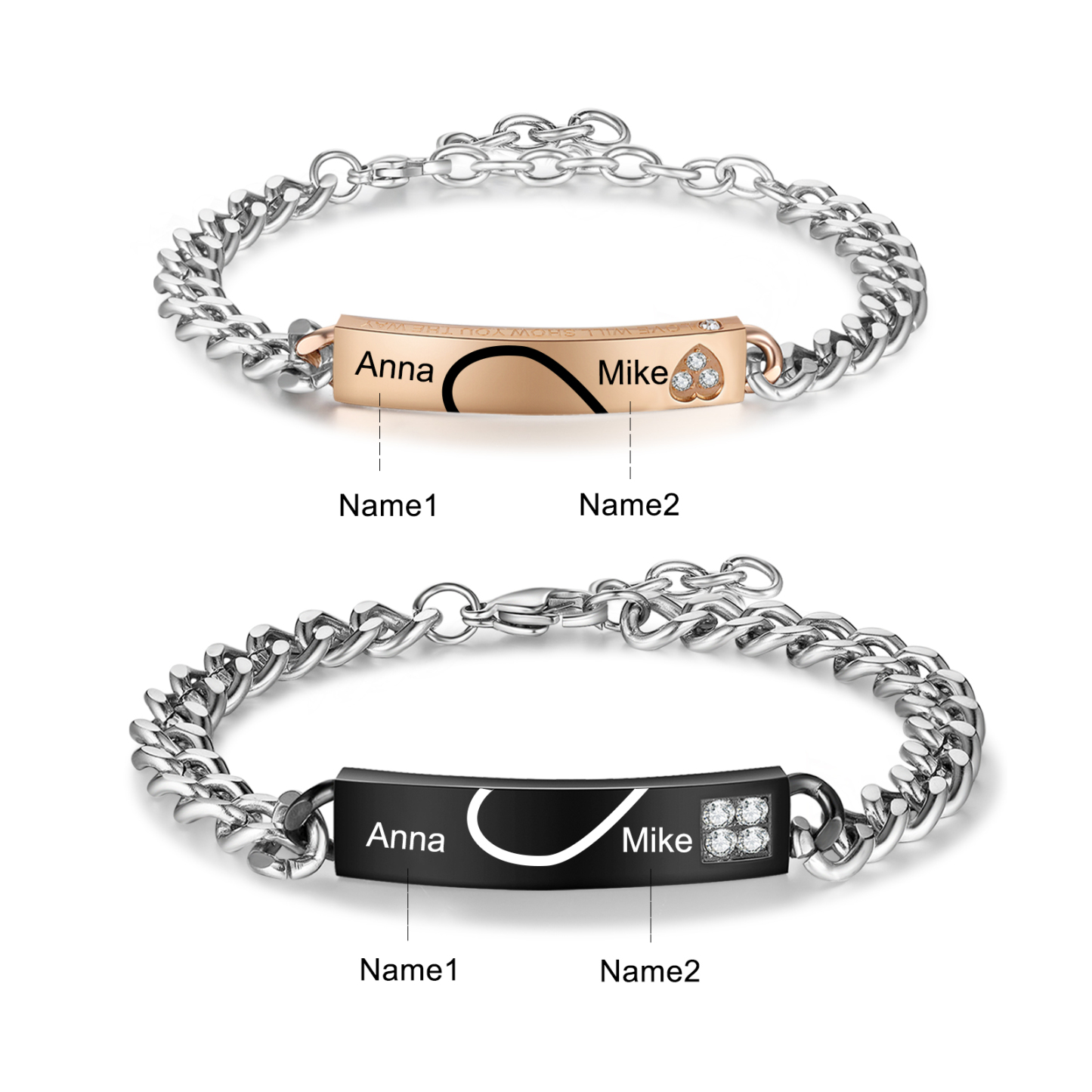 2 PCS Bracelet couple Gourmette 2 Prénoms Personnalisé pour couple | Jessemade