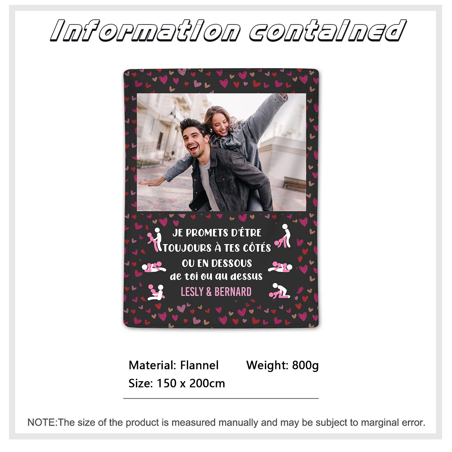 Couverture Plaids Polaire 2 Prénoms Personnalisés avec Photo pour Couple