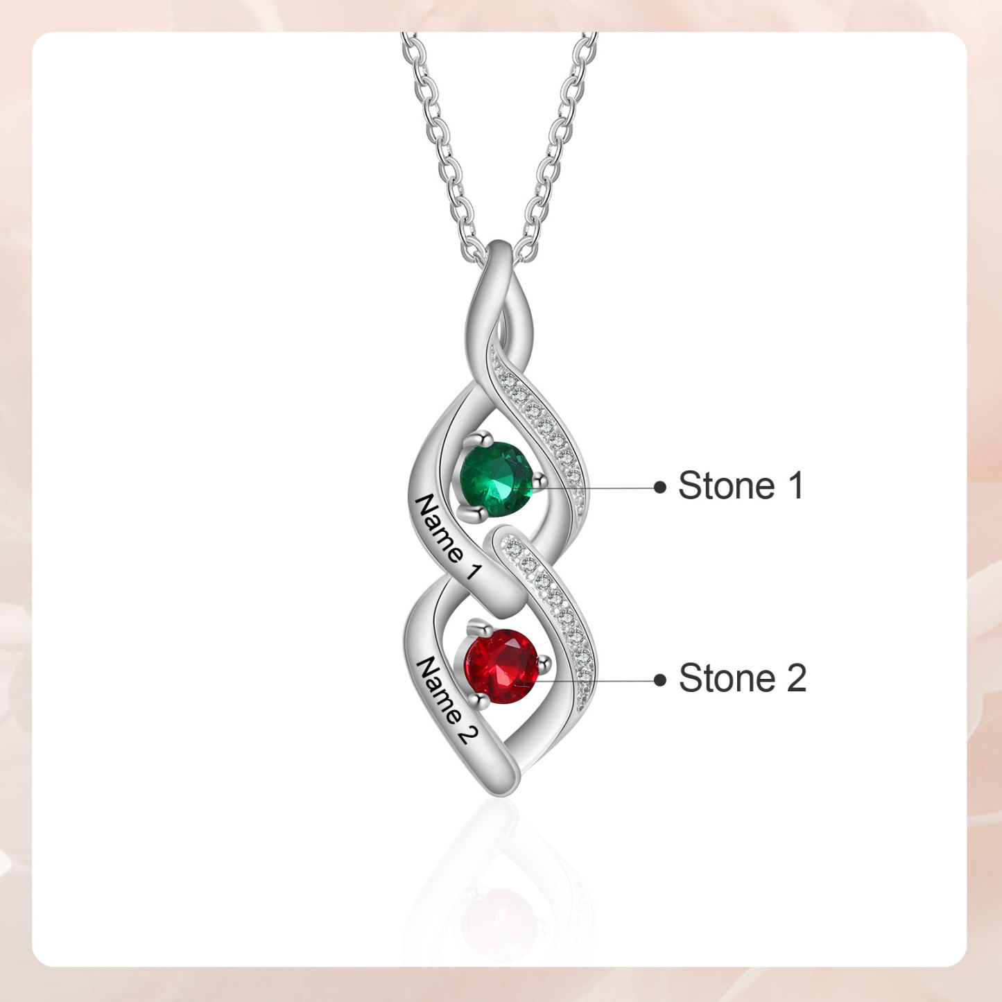 Collier Pendentif DNA 2 Prénoms Personnalisés avec Pierres de naissance