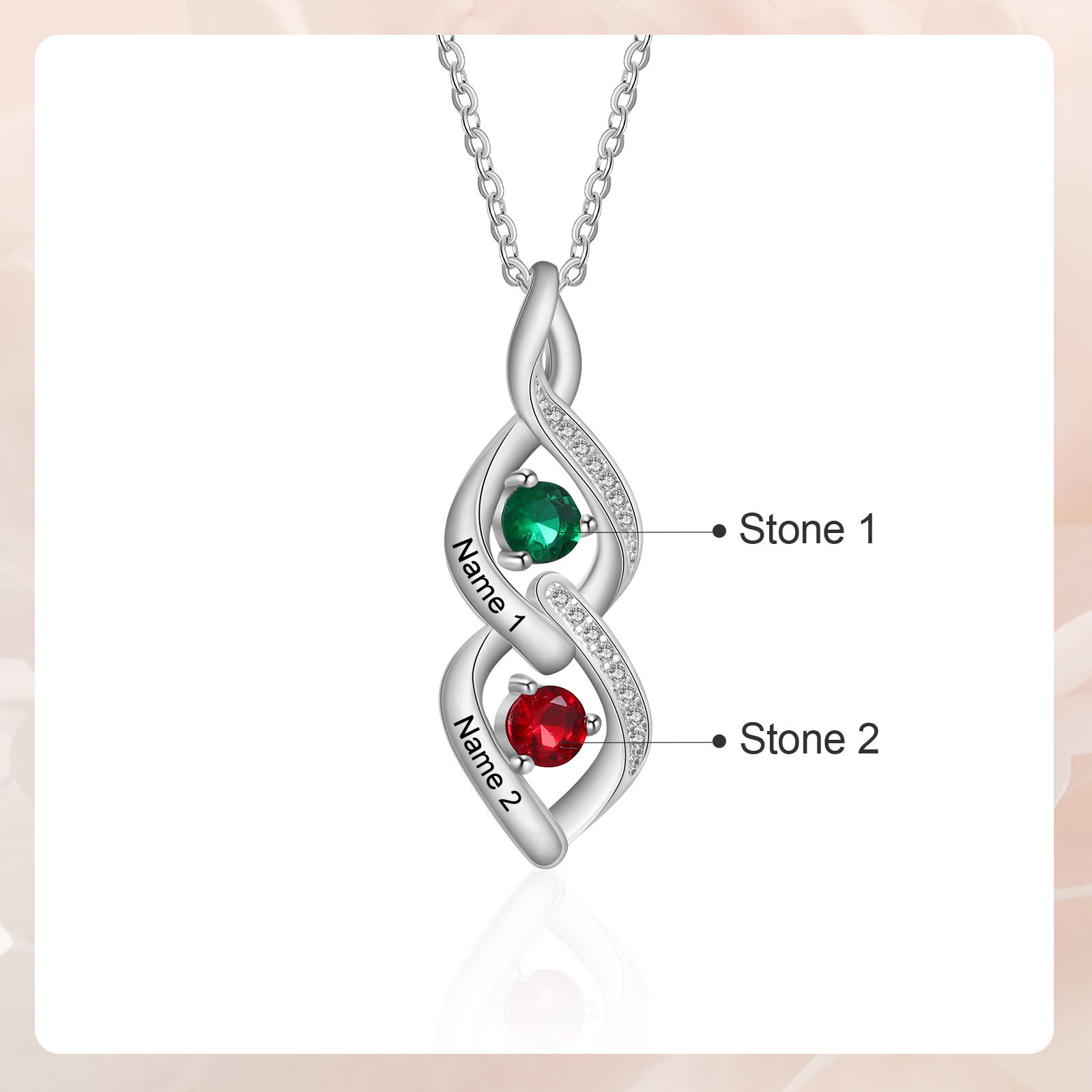 Collier Pendentif DNA 2 Prénoms Personnalisés avec Pierres de naissance