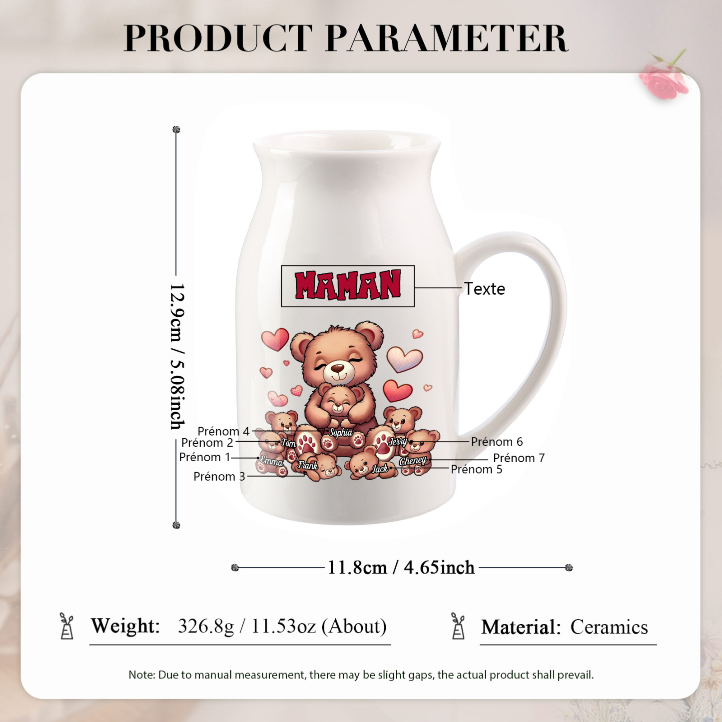 Vase à Fleurs Ours 7 Prénoms Personnalisés avec Texte Décoration de la Maison
