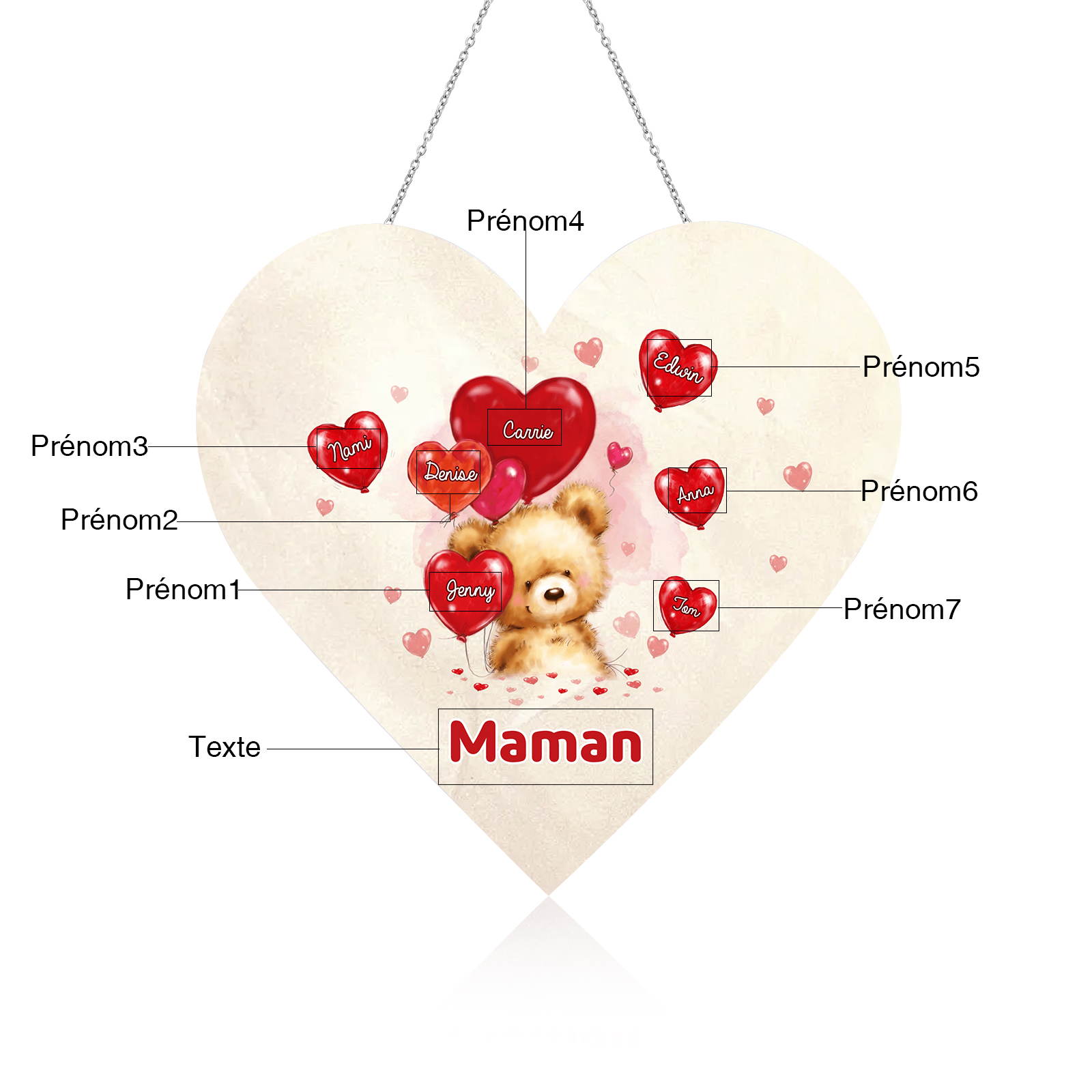 À Maman/Mamie - Veilleuse Cœur Décoration Ours 7 Prénoms Personnalisés avec 1 Texte