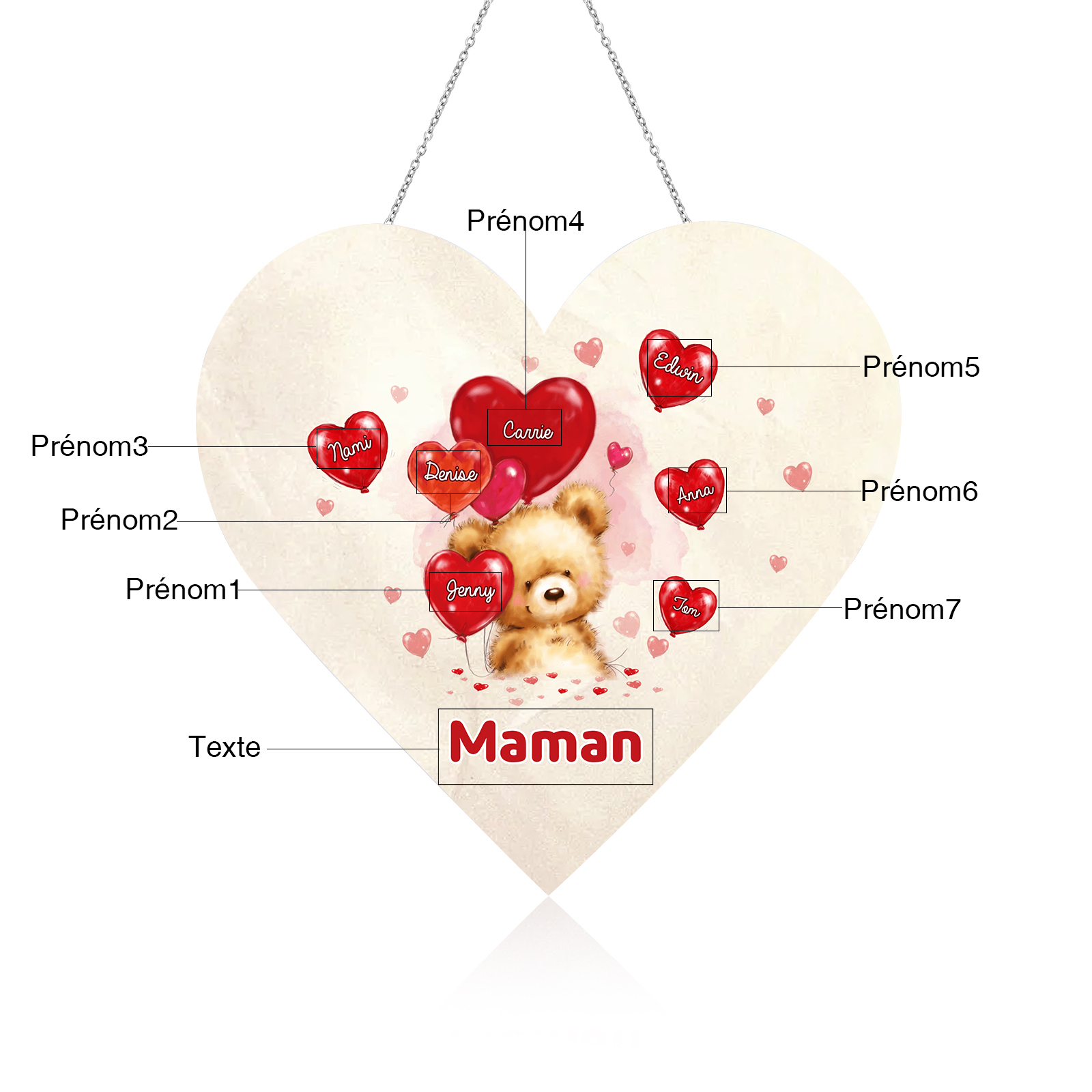 À Maman/Mamie - Veilleuse Cœur Décoration Ours 7 Prénoms Personnalisés avec 1 Texte