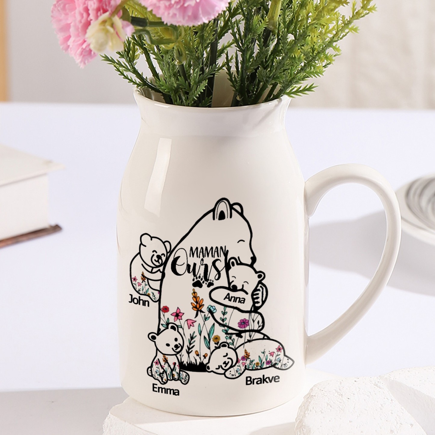 Vase à Fleurs Ours 4 Prénoms Personnalisés avec Texte Décoration de la Maison