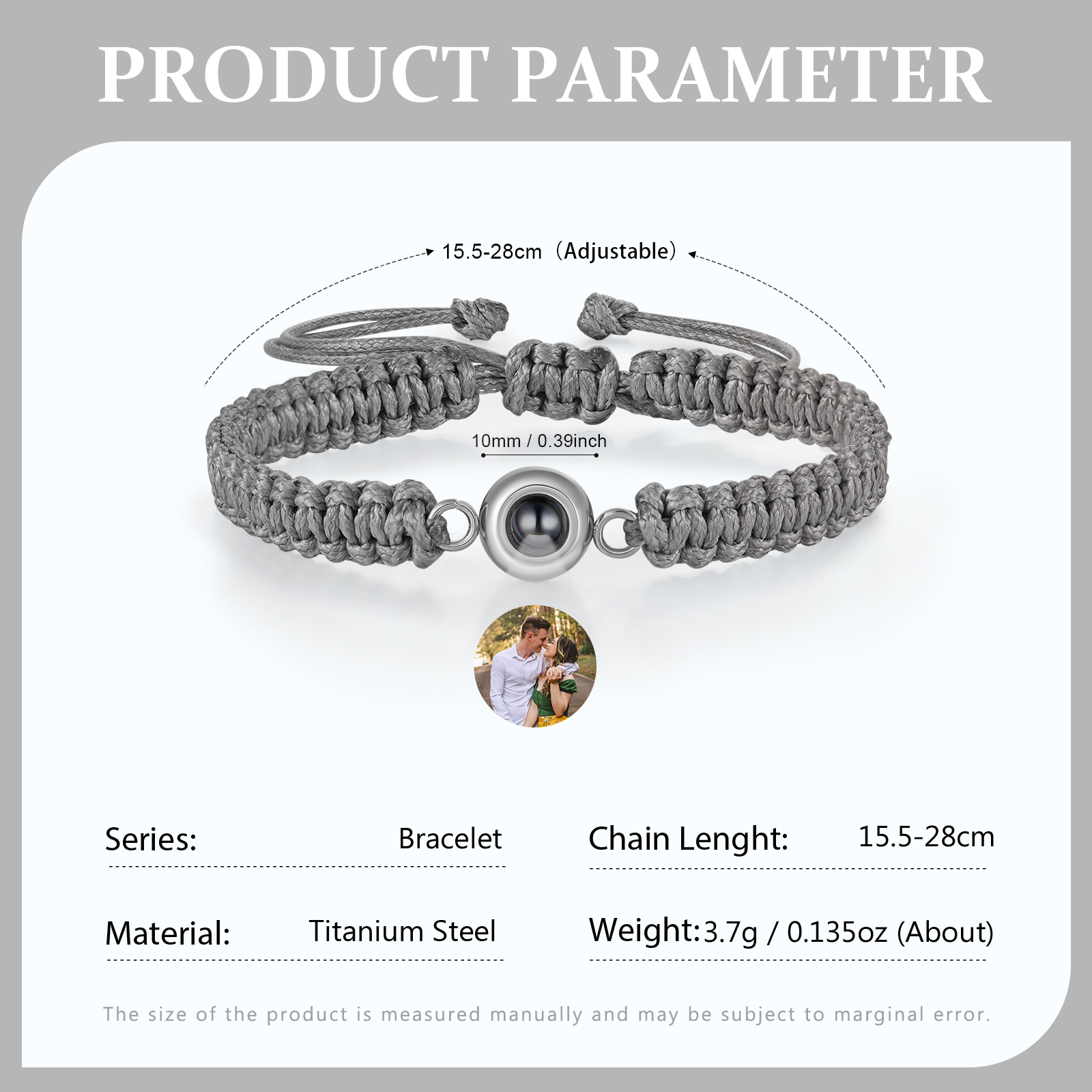 Bracelet en corde tressée avec Photo Personnalisée Bracelet Photo Projection Gris｜Jessemade