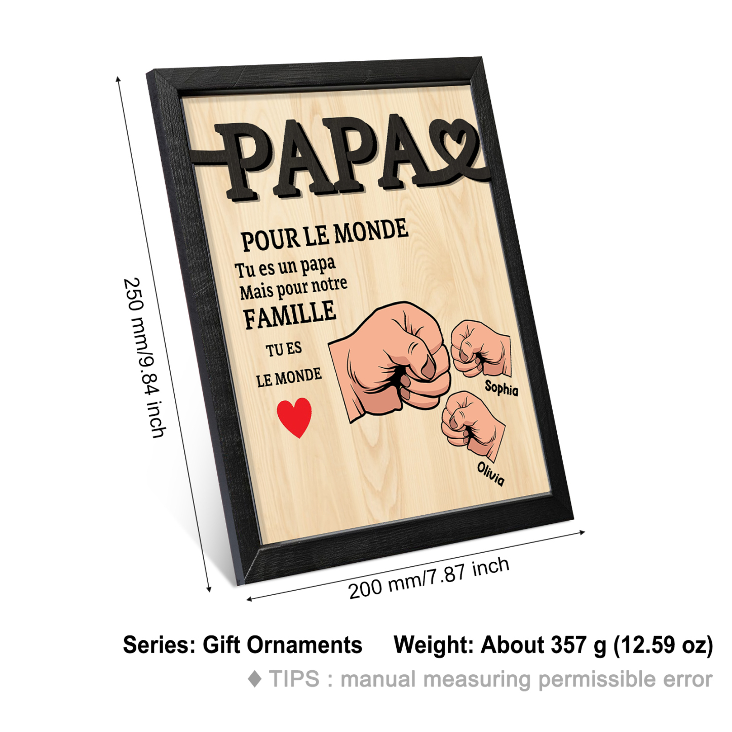 À Mon Papa-Cadre en Bois Poings 2 Prénoms Personnalisés