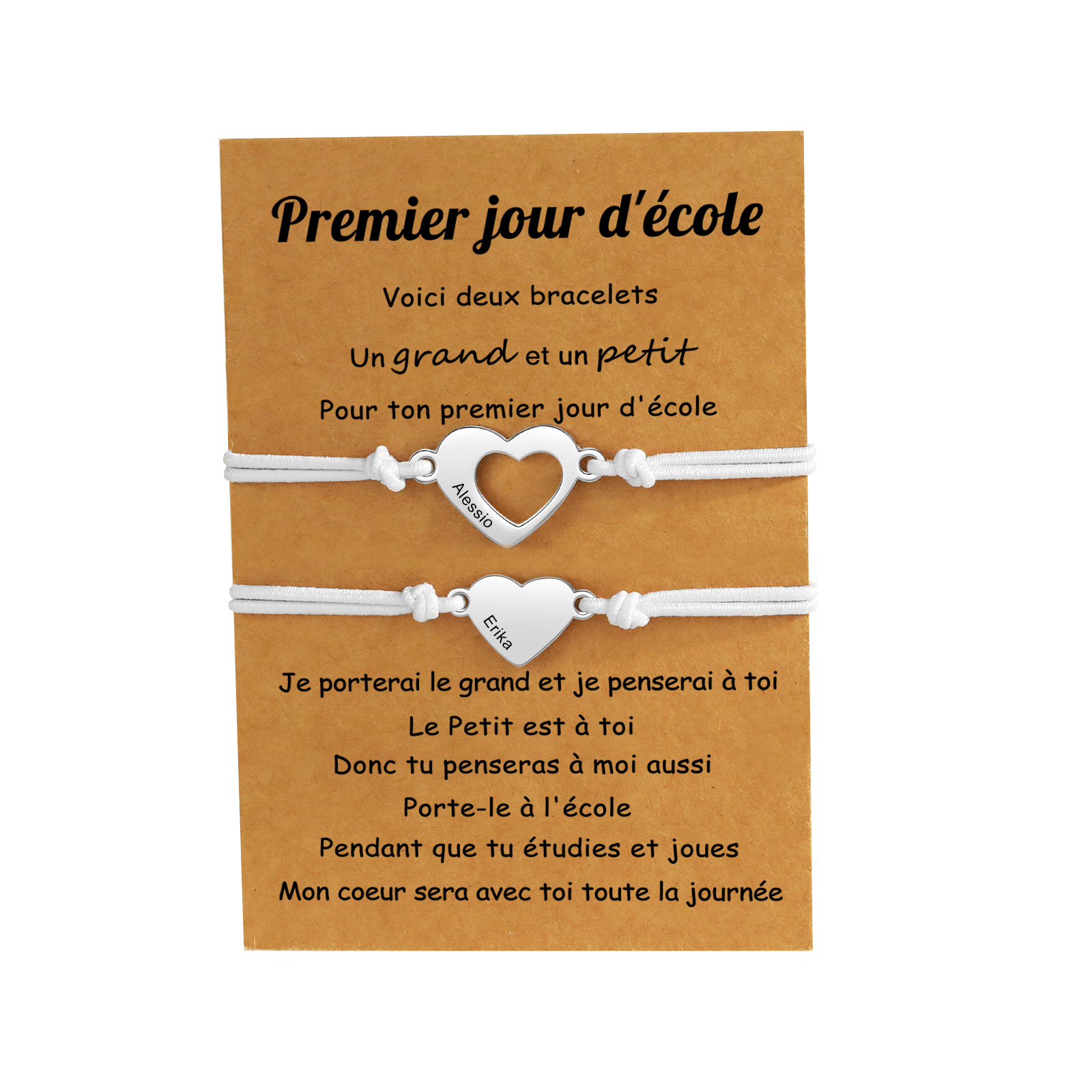 2PCS Bracelet en Commun Cœur 2 Prénoms Personnalisés Corde élastiques - Cadeau Rentrée Scolaire Premier jour d’école｜Jessemade