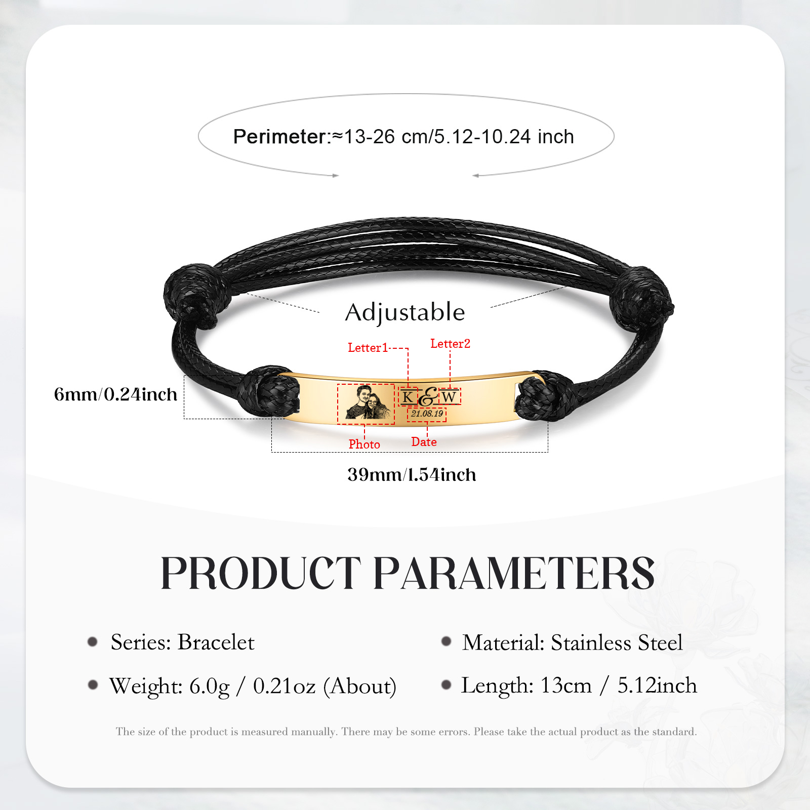 Bracelet Initiale 2 Lettres Personnalisées avec Photo et Date pour Couple｜Jessemade