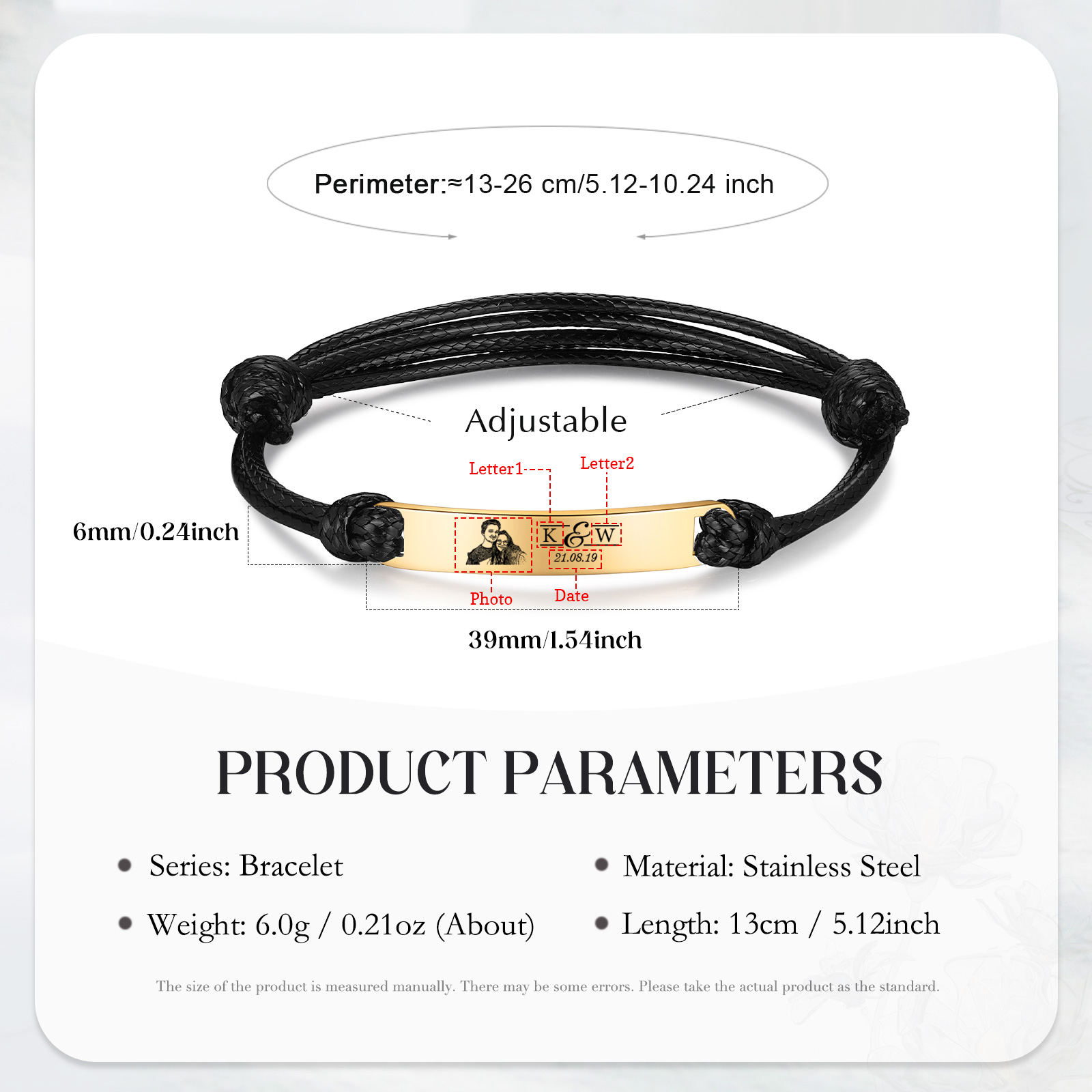 Bracelet Initiale 2 Lettres Personnalisées avec Photo et Date pour Couple｜Jessemade