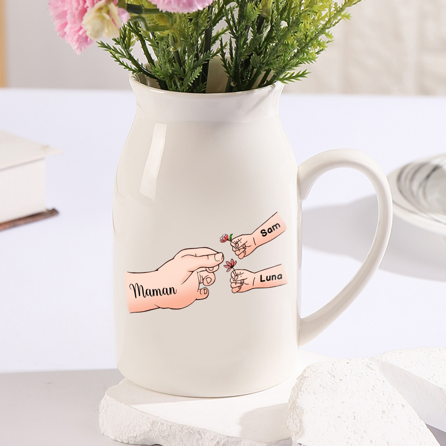 Vase à Fleurs Mains et Enfants 3 Prénoms Personnalisés Décoration de la Maison