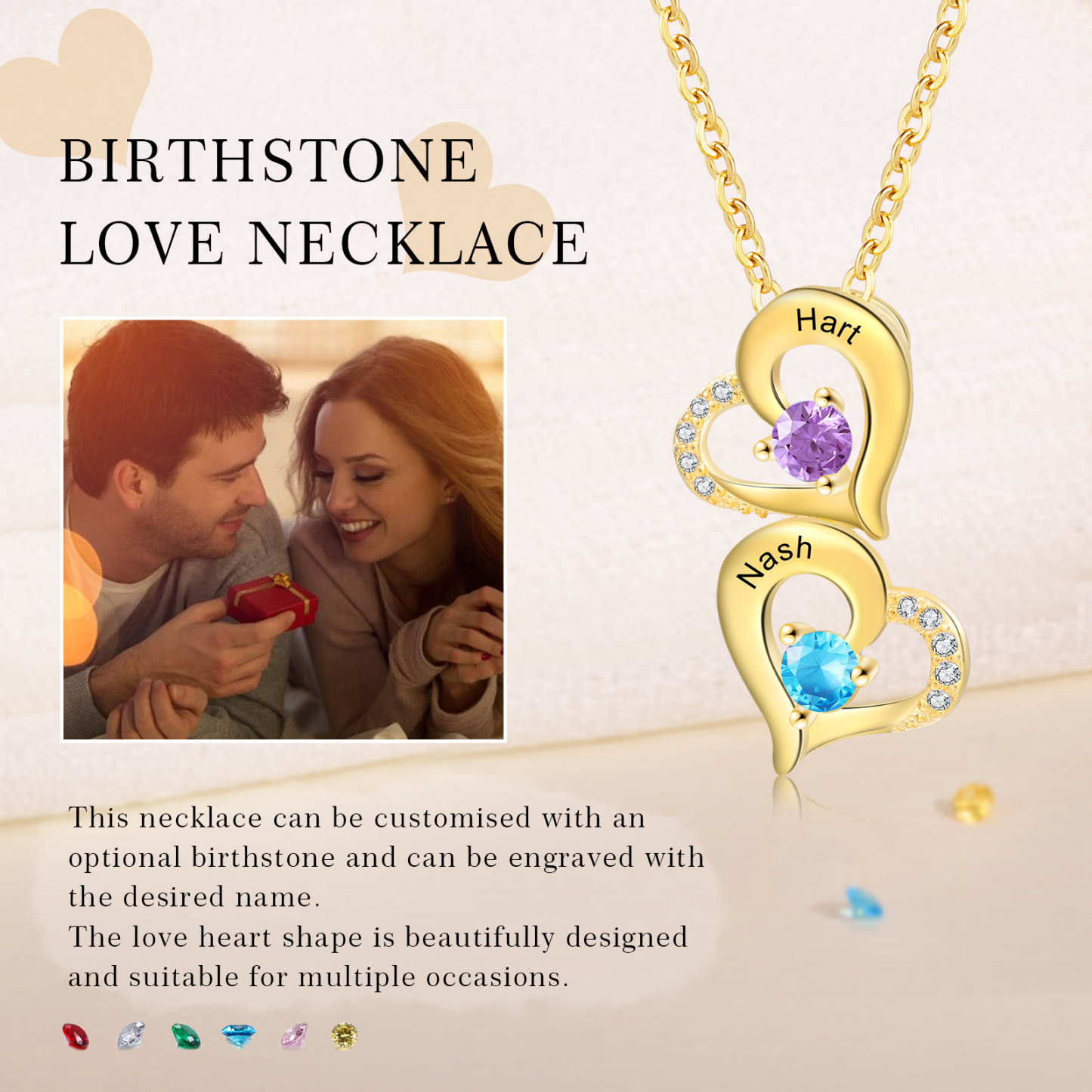 Collier Coeur 2 Prénoms Personnalisés avec Pierre de naissance Or/Or Rose pour Femmes|Jessemade