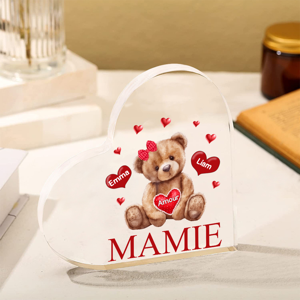 À ma Maman/Mamie - Plaque Acrylique Ours en Forme de Cœur 2 Prénoms Personnalisés avec 1 Texte