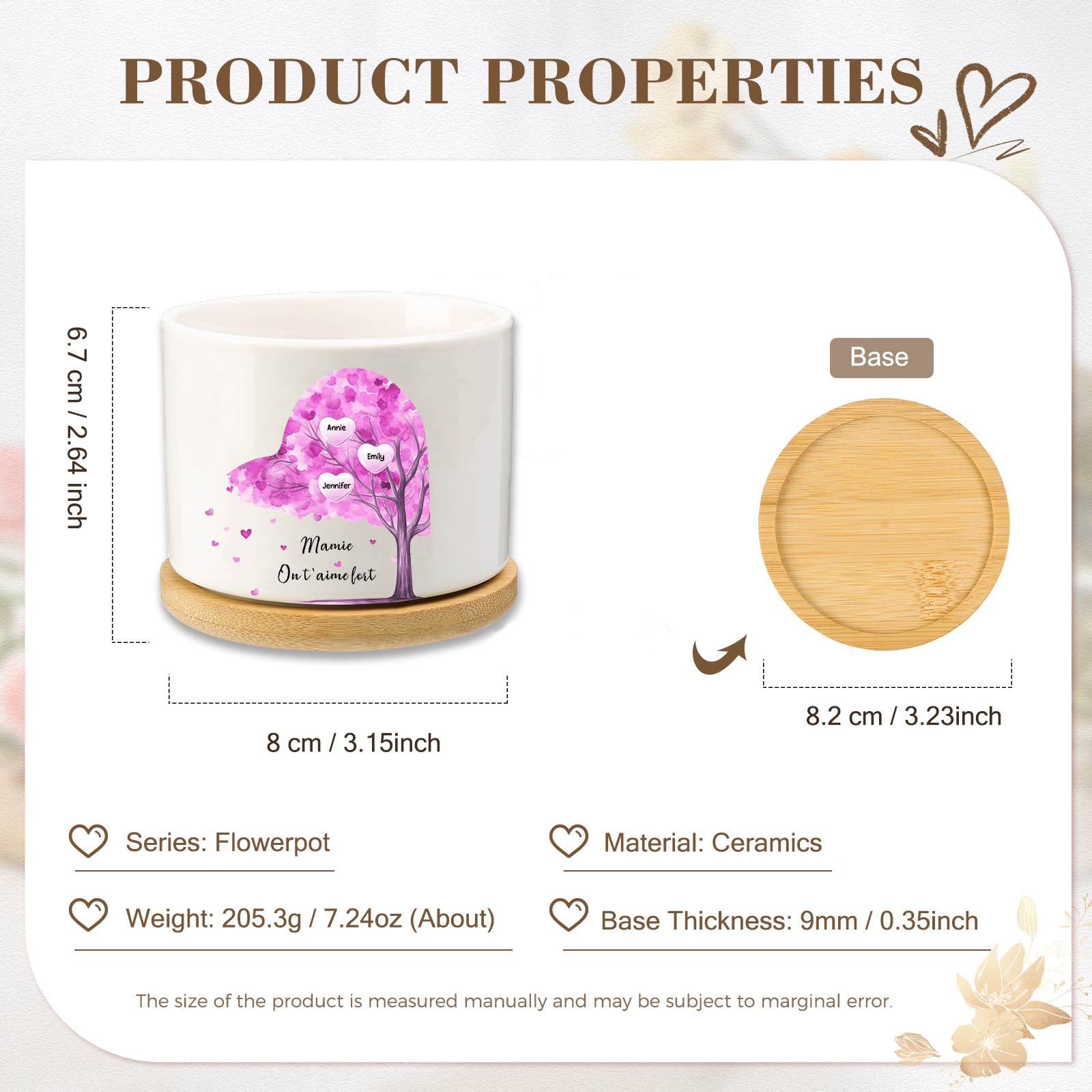 Vase/Pot de Fleurs Arbre 3 Prénoms et 1 Texte Personnalisés Décoration de la Maison (sans plantes)