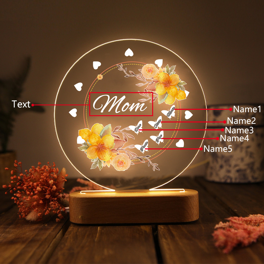 À Maman/Mamie - Lampe de chevet LED Fleurs et Papillons 5 Prénoms Personnalisés avec 1 Texte