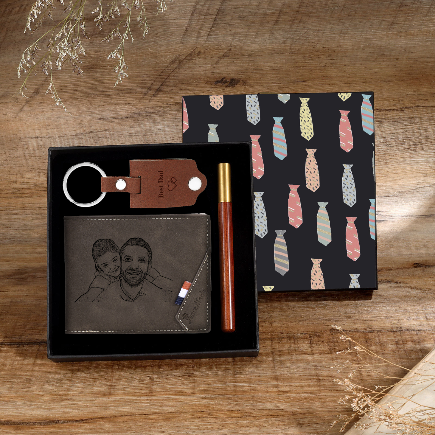 Coffret Cadeau 3PCS - Portefeuille classique Porte-Clés et Stylo 2 Photo et Textes Personnalisés avec 1 Prénom et Lettre Coffret Cadeau pour Homme