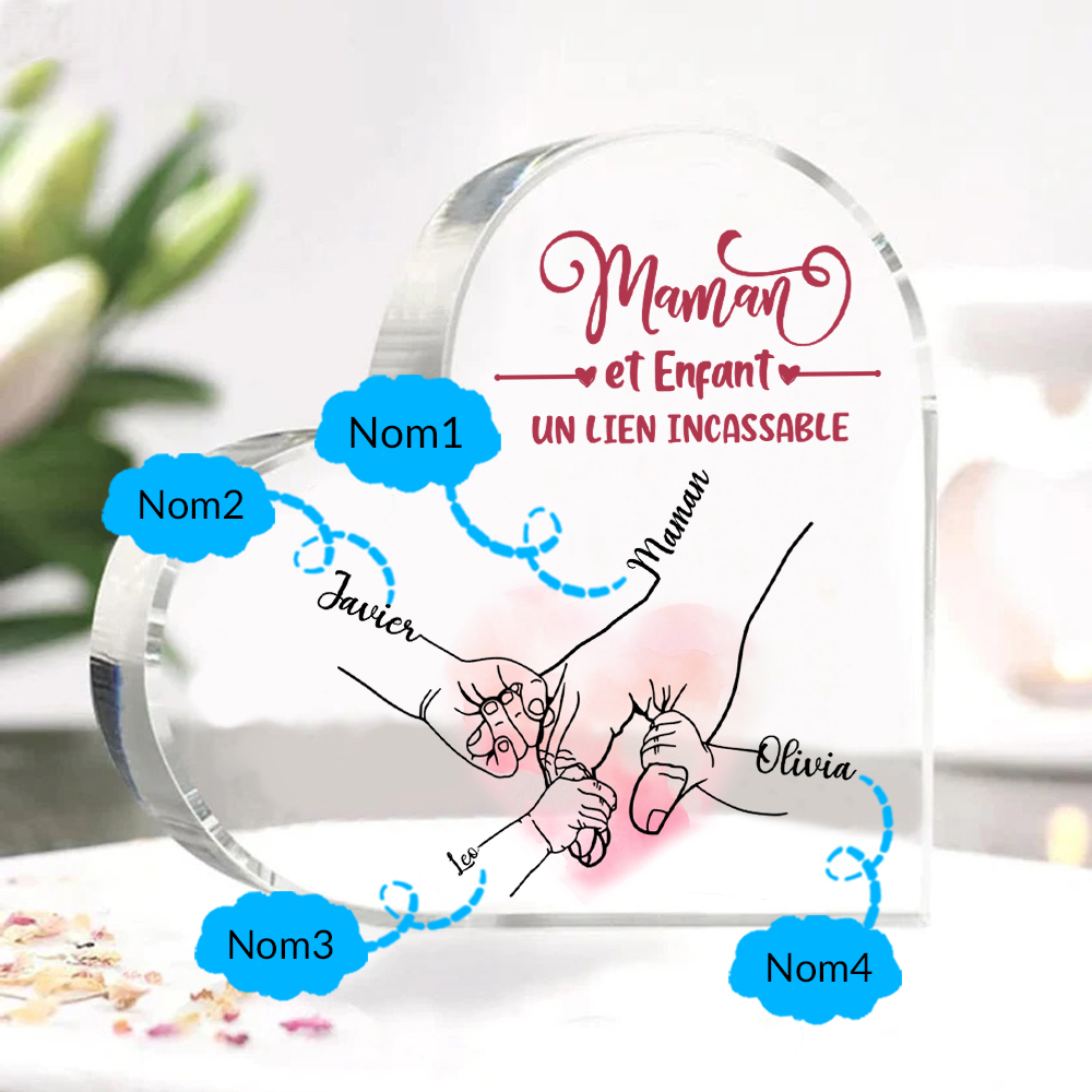 À ma Maman - Plaque Acrylique en Forme de Cœur la main dans la main 4 Prénoms Personnalisés