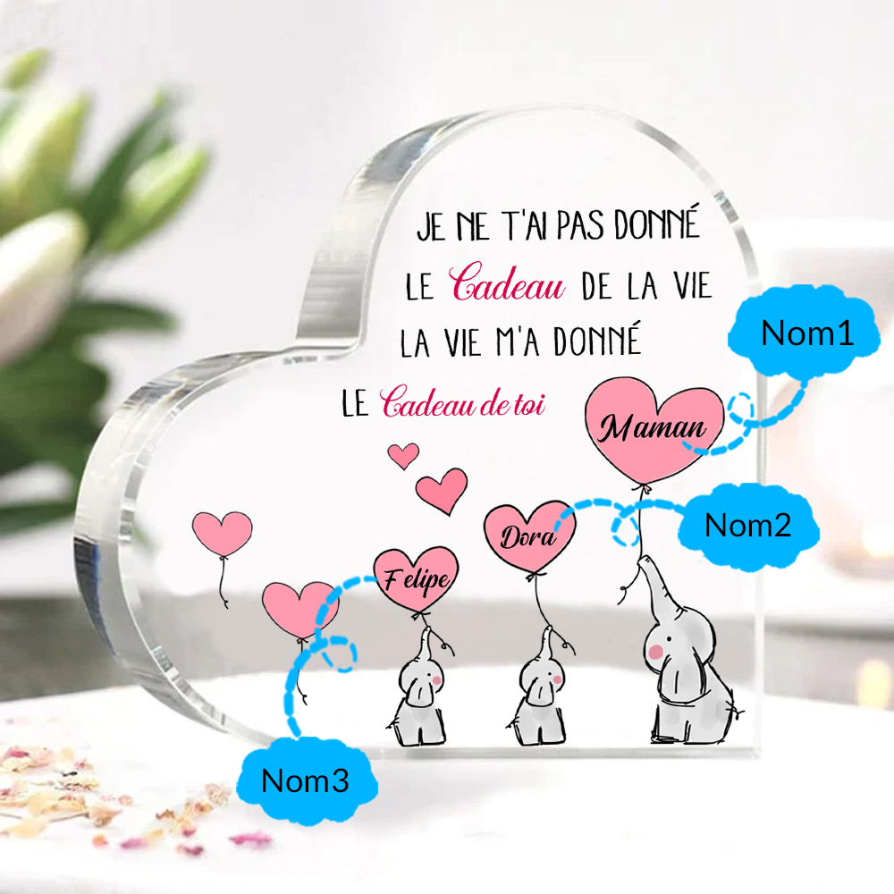 À ma Maman - Plaque Acrylique en Forme de Cœur éléphant 3 Prénoms Personnalisés