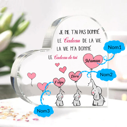 À ma Maman - Plaque Acrylique en Forme de Cœur éléphant 3 Prénoms Personnalisés