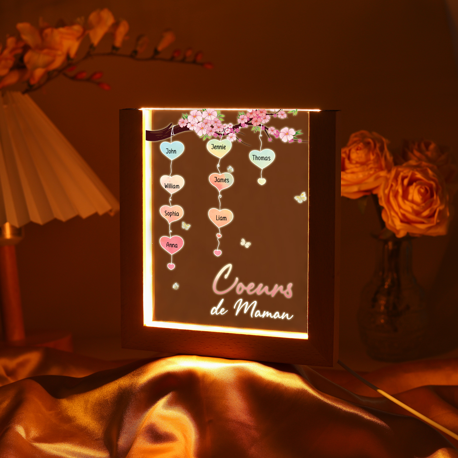 À Maman/Mamie - Lampe de chevet LED Arbre 8 Prénoms Personnalisés avec 1 Texte