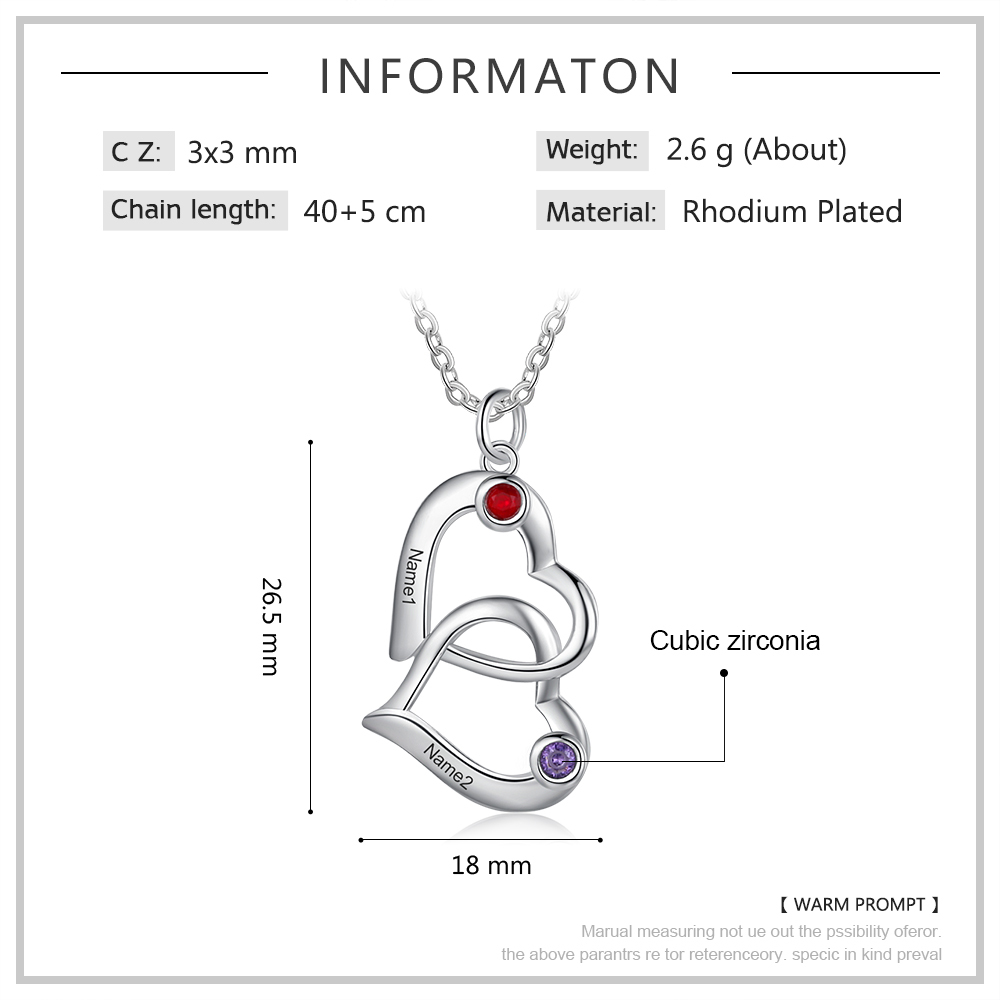 Collier Coeur 2 Prénoms Personnalisés Pendentif avec 2 Pierre de Naissance｜Jessemade