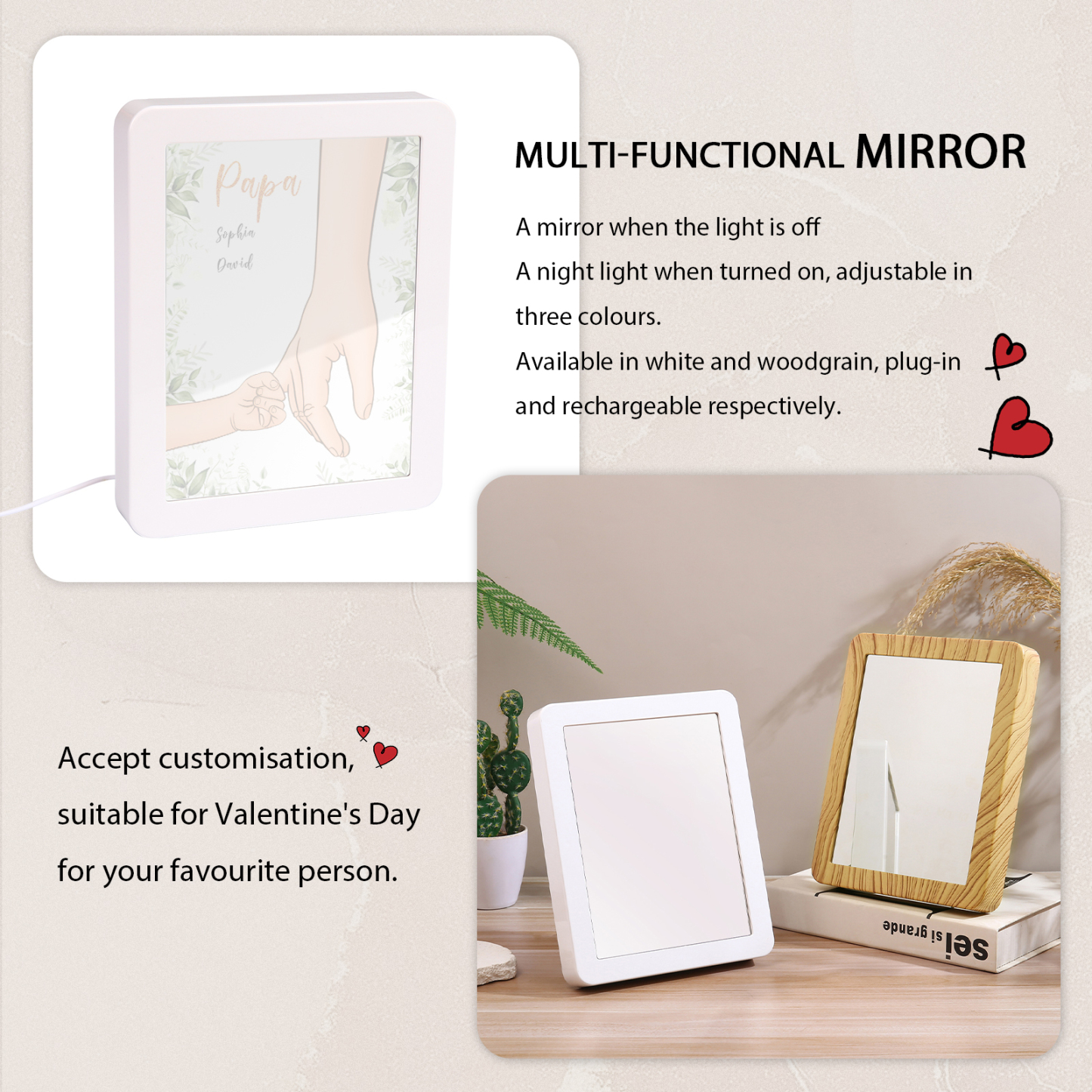 Lampe LED/Cadre Photo/Miroir multifonctionnel la main dans la main 2 Prénoms et 1 Tetxe Personnalisés Cadeau Créatif pour Famille