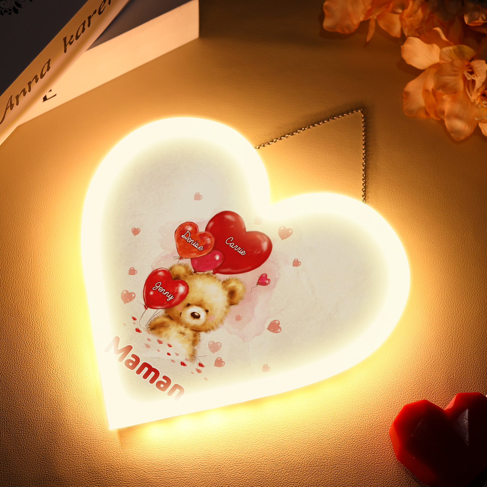 À Maman/Mamie - Veilleuse Cœur Décoration Ours 3 Prénoms Personnalisés avec 1 Texte