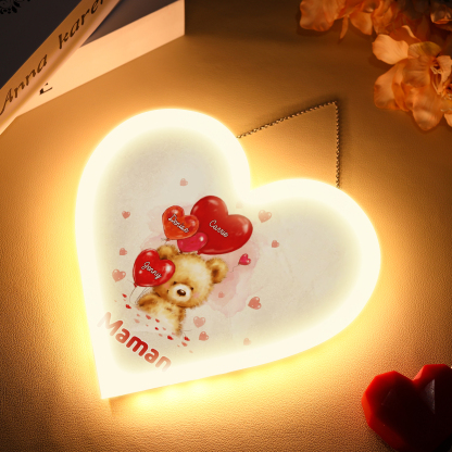 À Maman/Mamie - Veilleuse Cœur Décoration Ours 3 Prénoms Personnalisés avec 1 Texte