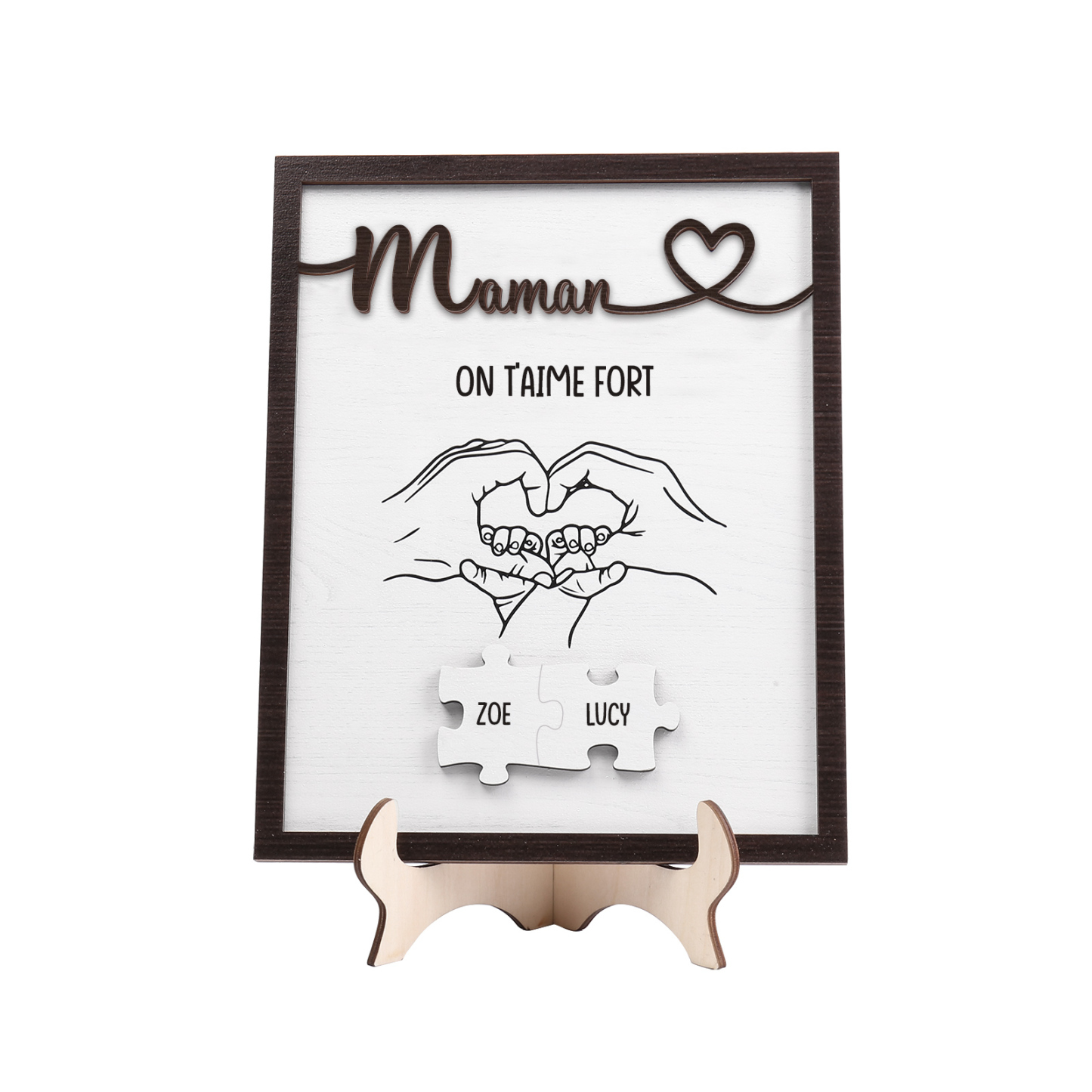 À Maman - Décoration en bois Mains et Puzzles 2 Prénoms et 1 Texte Personnalisés Ornement Famille