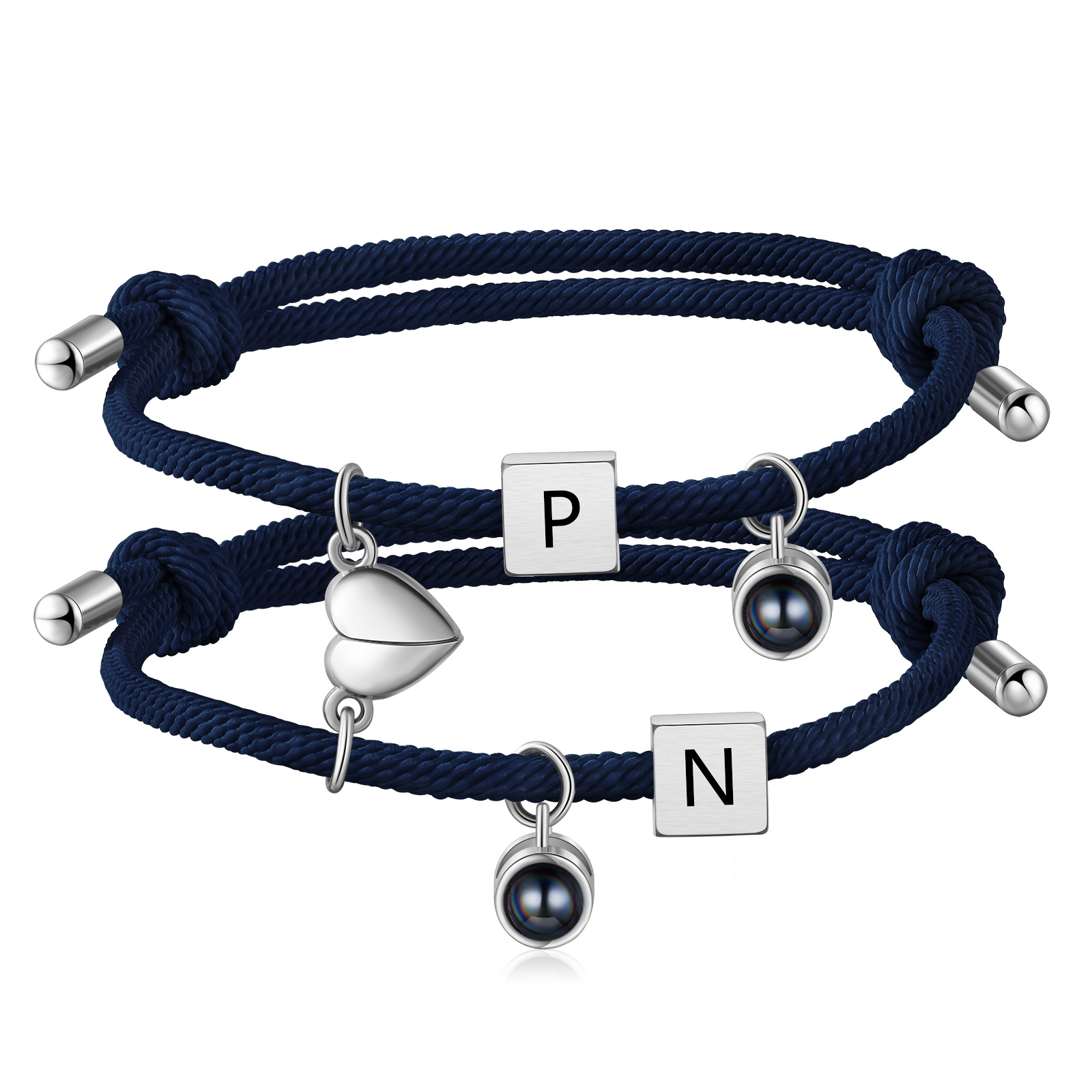 2PCS Bracelets Projection de Pierres 2 Lettres et 1 Photo Personnalisés Bracelets magnétiques pour Couple