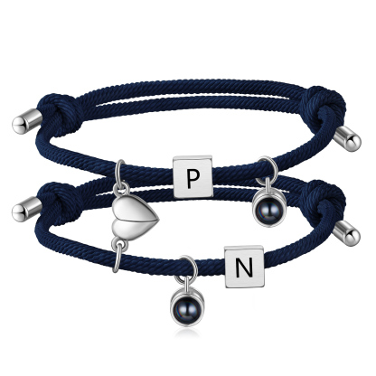 2PCS Bracelets Projection de Pierres 2 Lettres et 1 Photo Personnalisés Bracelets magnétiques pour Couple