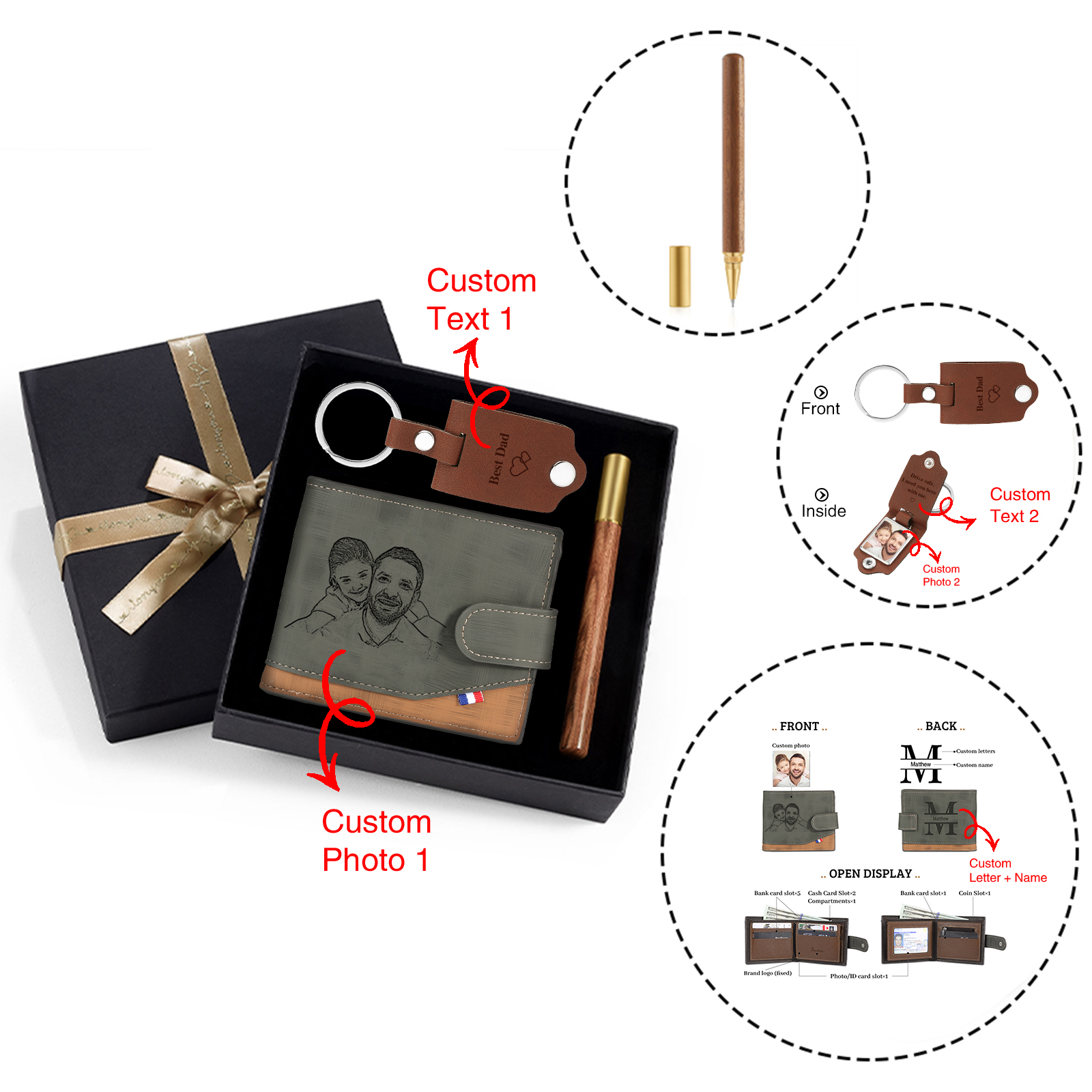 Coffret Cadeau 3PCS - Portefeuille classique Porte-Clés et Stylo 2 Photo et Textes Personnalisés avec 1 Prénom et Lettre Coffret Cadeau pour Homme