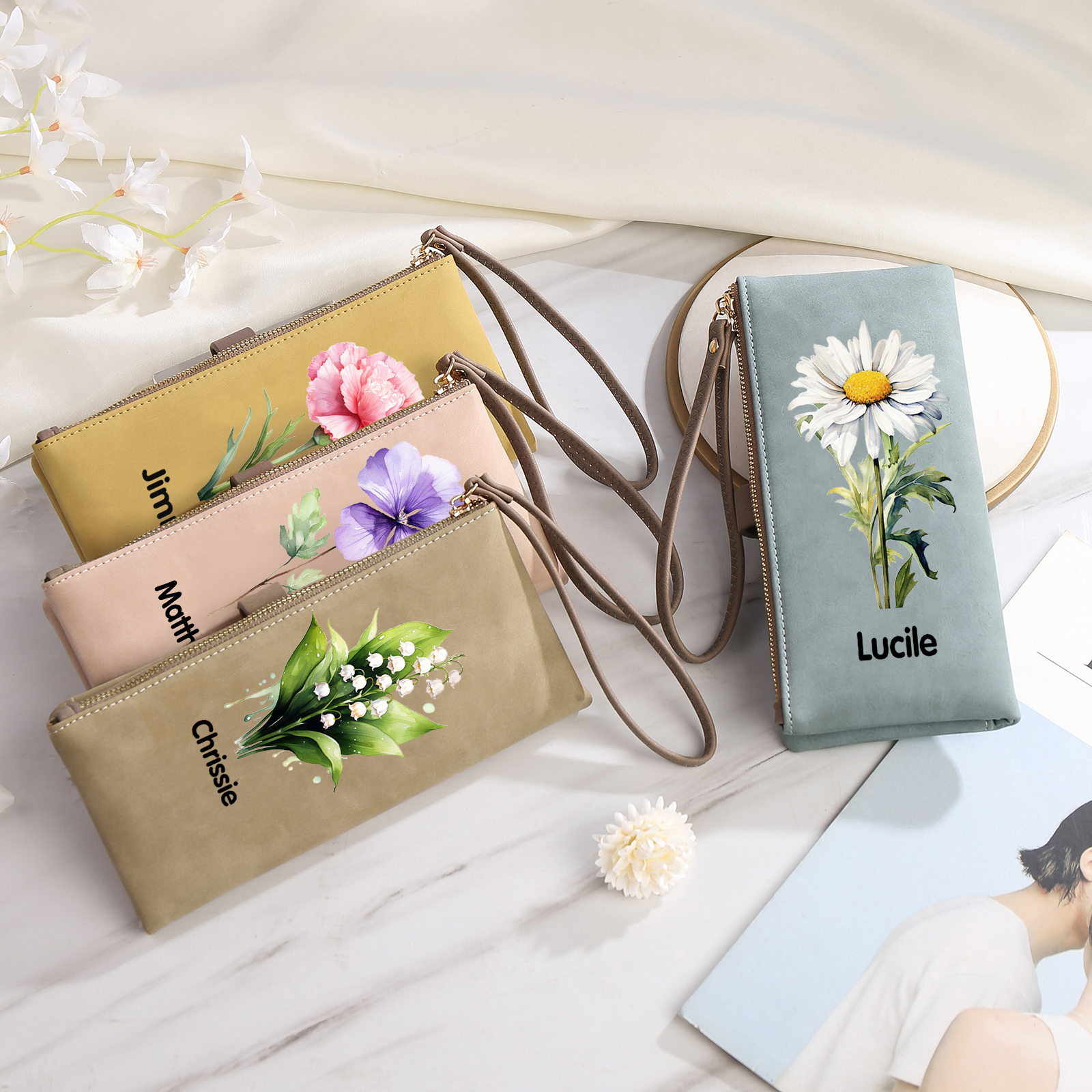 Portefeuille Femmes 1 Prénom Personnalisé avec Fleur de Naissance Porte-Monnaie Carte