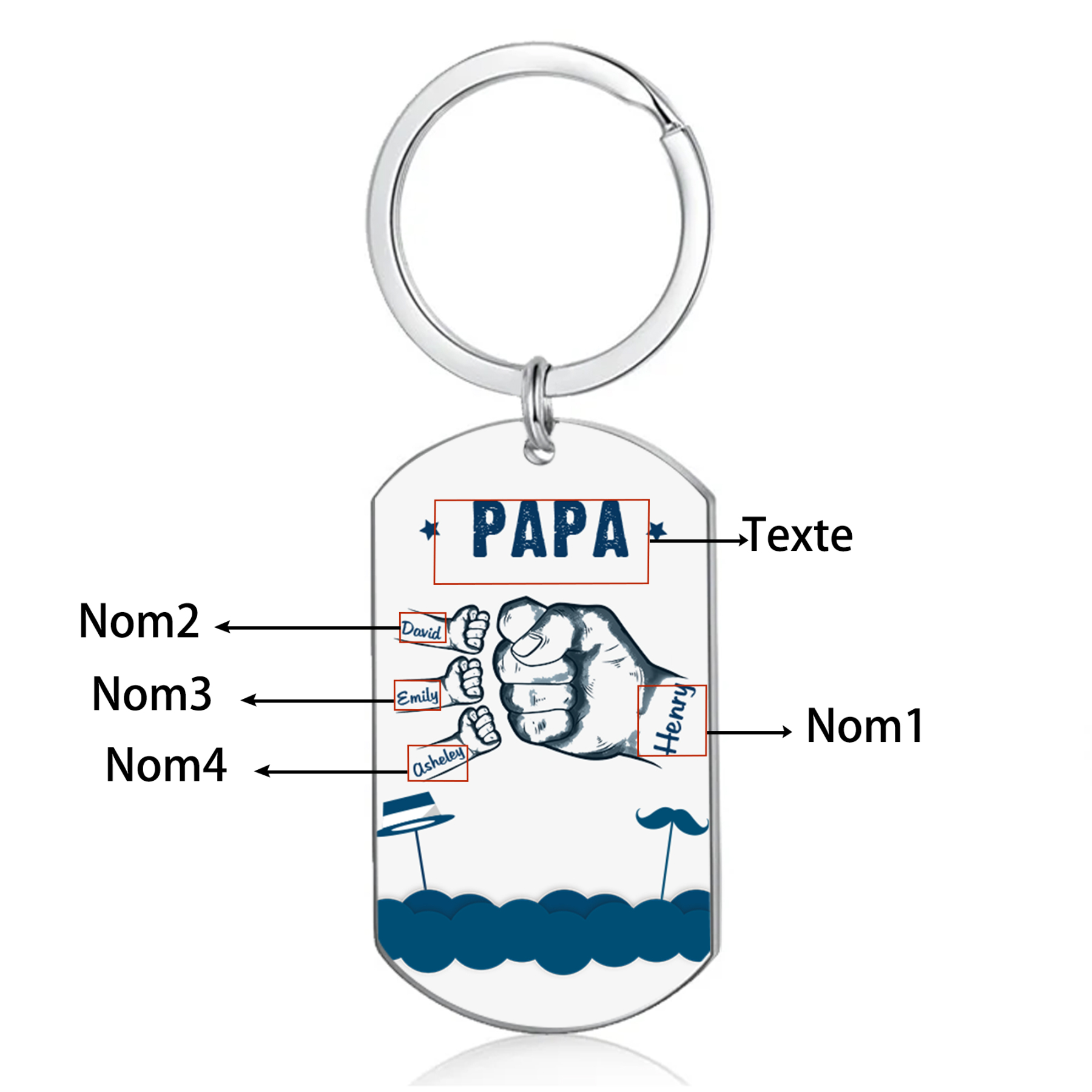 À Papa/Papi - Porte-Clés Poings 4 Prénoms Personnalisés