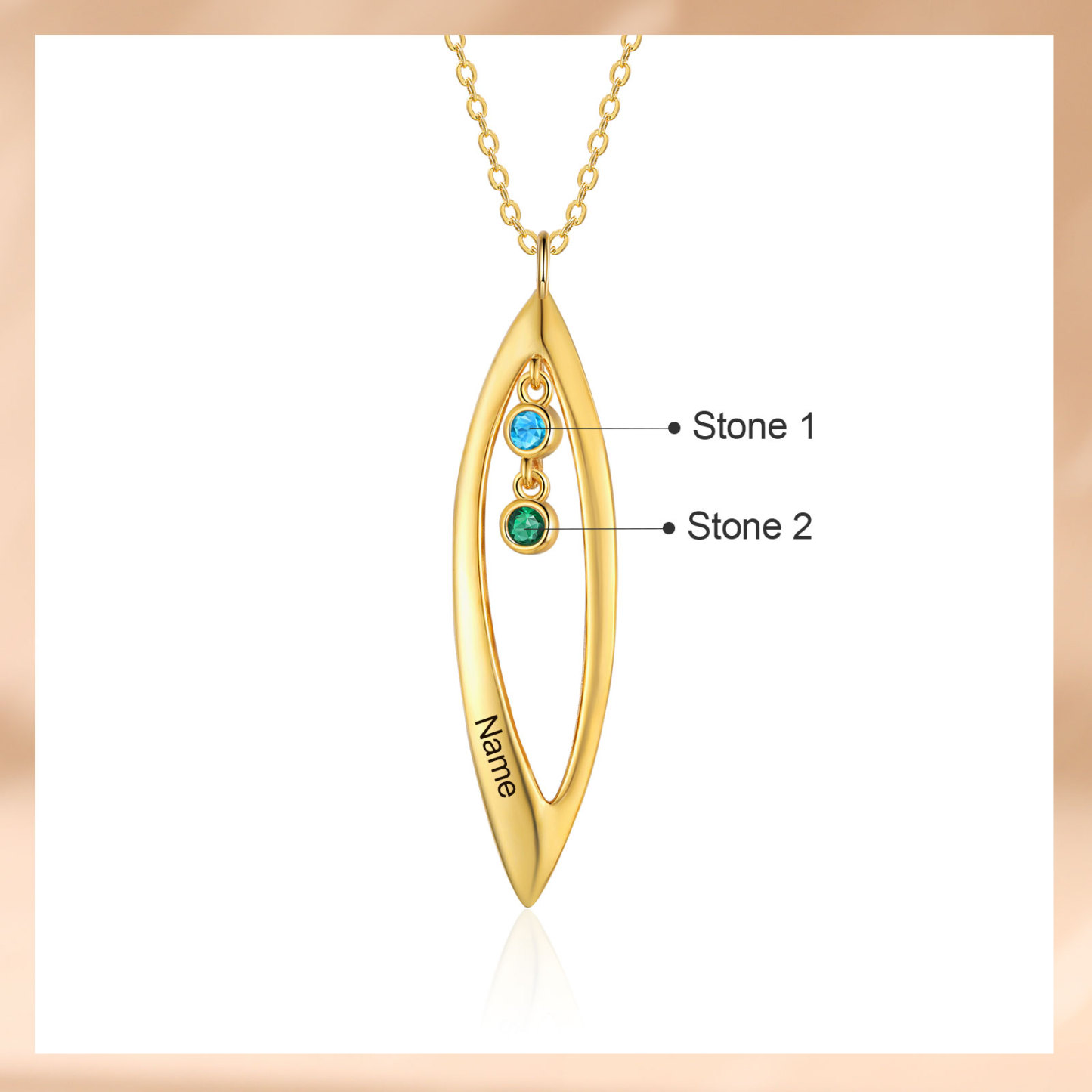 Collier Pendentif Feuilles 1 Prénom et 2 Pierres de Naissance Personnalisés Collier Femmes