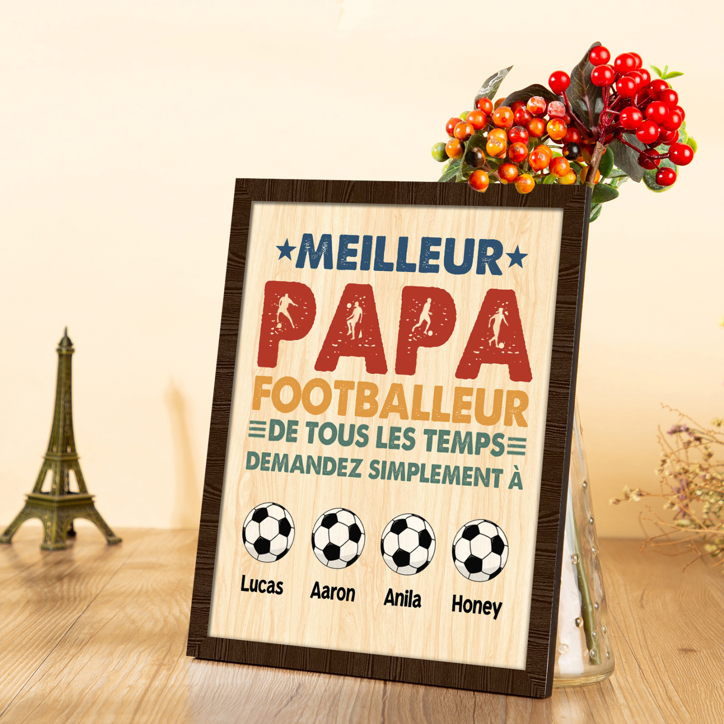 À Mon Papa-Cadre en Bois Football 4 Prénoms Personnalisés