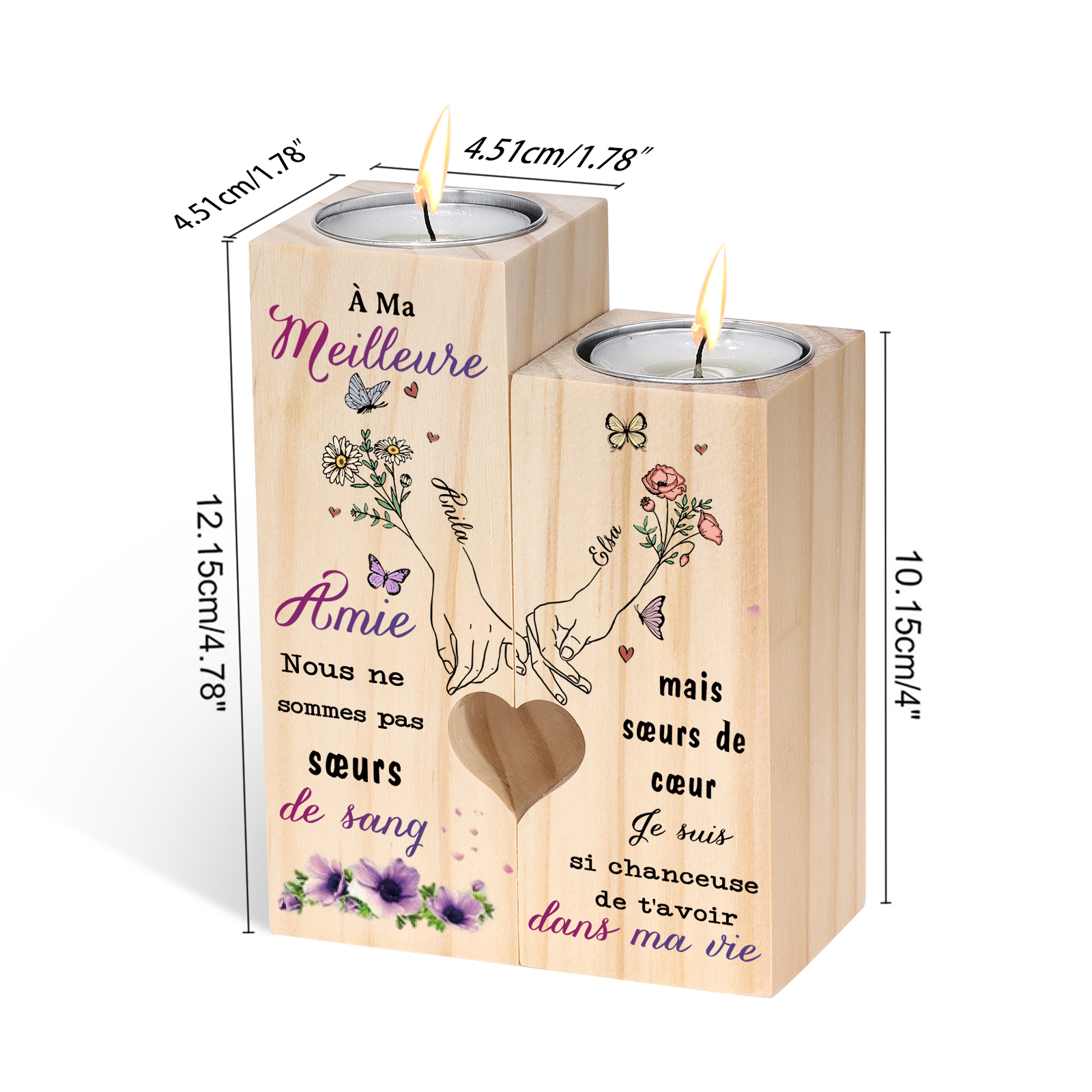 À Meilleure Amie - Bougeoir en Bois 2 Prénoms Personnalisés sans bougie