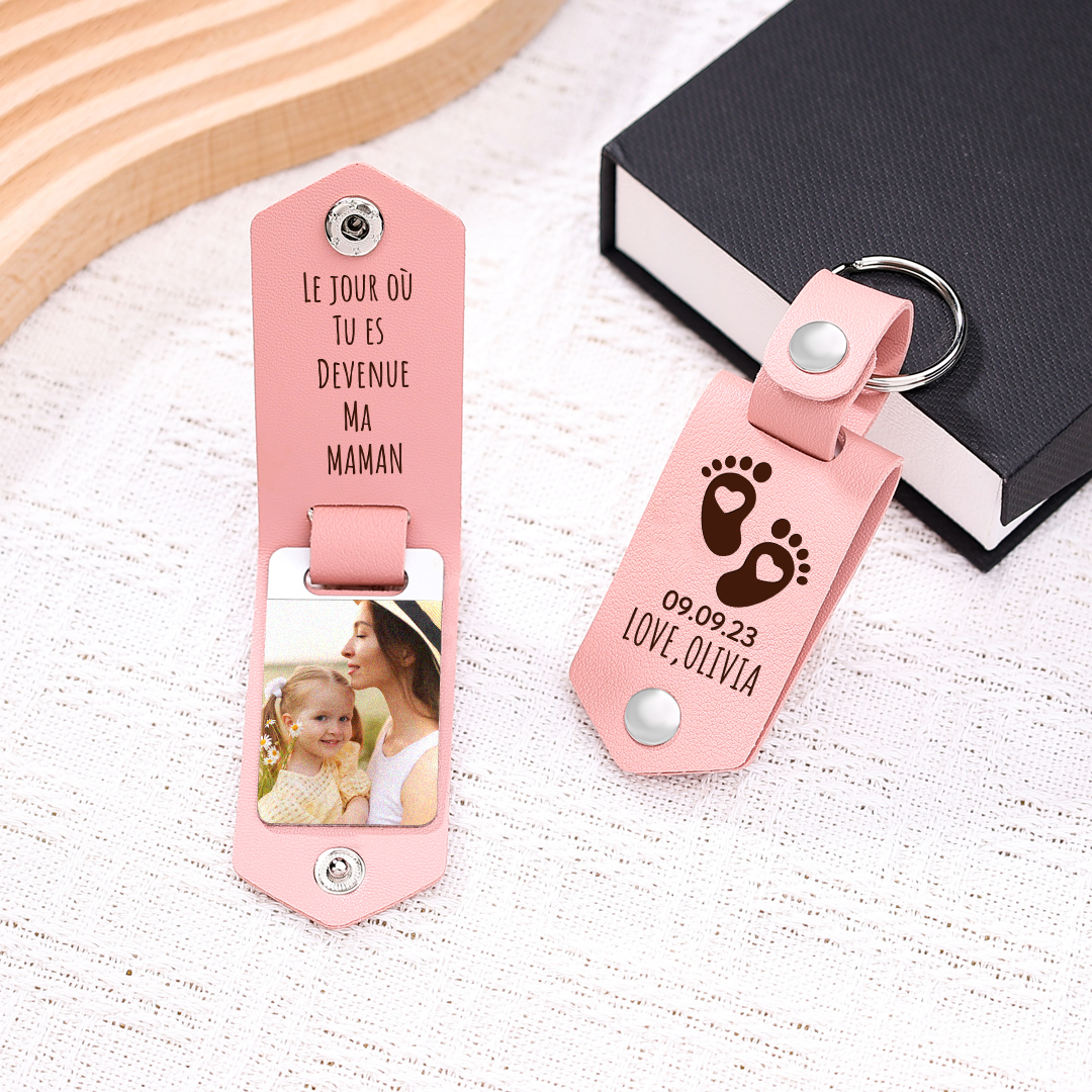 À ma Maman - Porte-Clés Cuir Texte et Photo Personnalisés avec Date